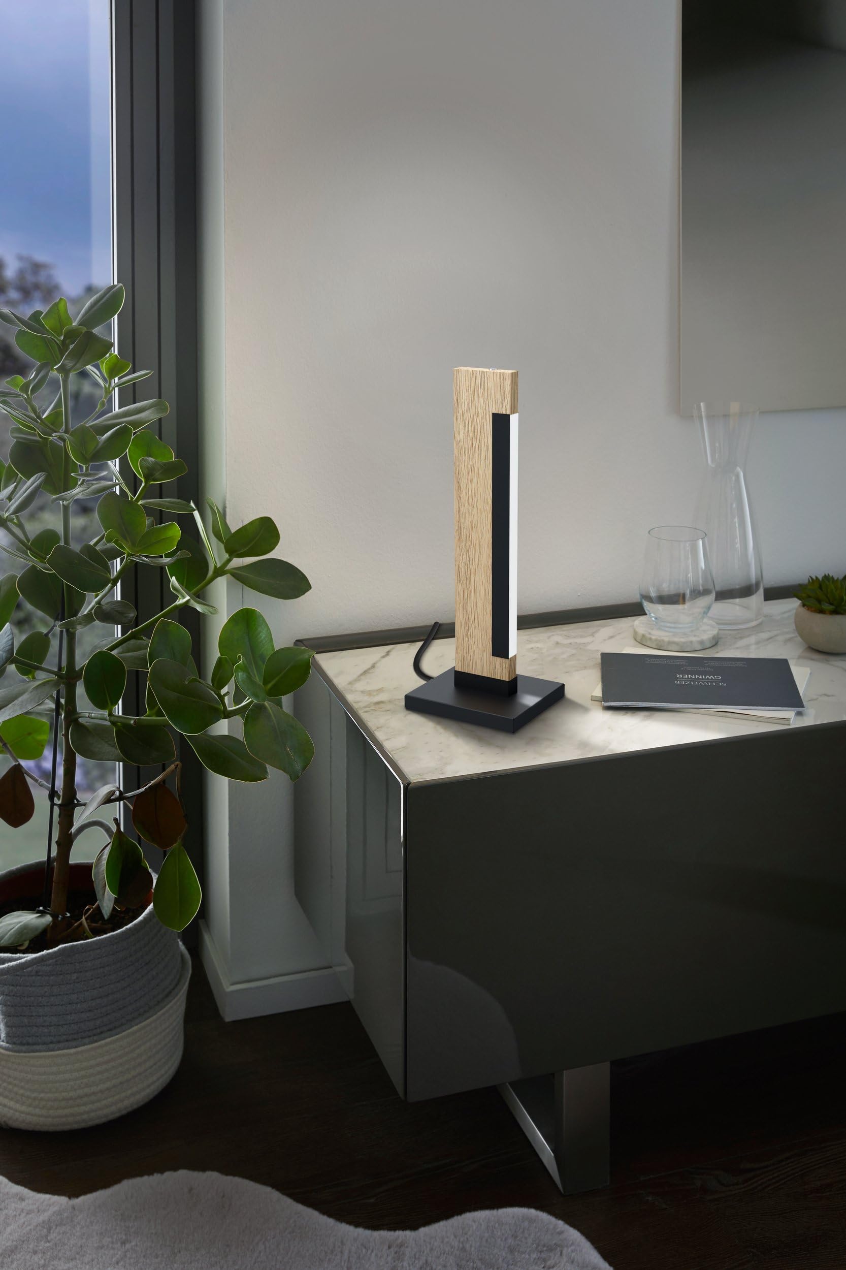 Eglo Lámpara de mesa LED Camacho, lámpara de mesa de 1 luz regulable | lámpara de noche de acero, madera y plástico, lámpara para salón en negro, natural, blanco, lámpara con regulador táctil