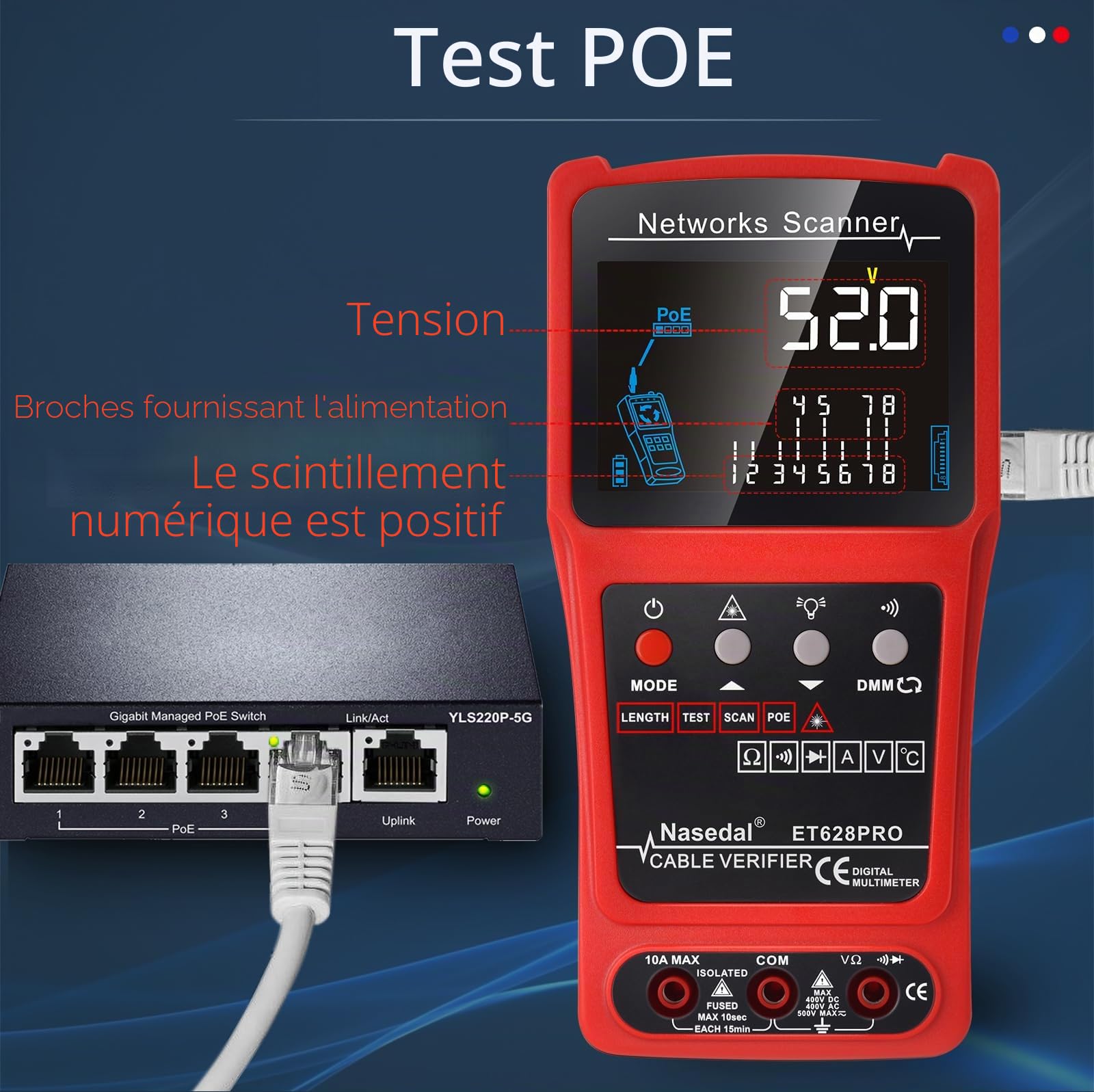 Network Cable Testeur de fil Tracker Générateur de tonalité Ethernet Testeur Multimètre VFL 3 en 1 RJ45 CAT5 CAT6 CAT7 CAT8 RJ11 Tone BNC Testeur PoE Câble Longueur (ET628 PRO)