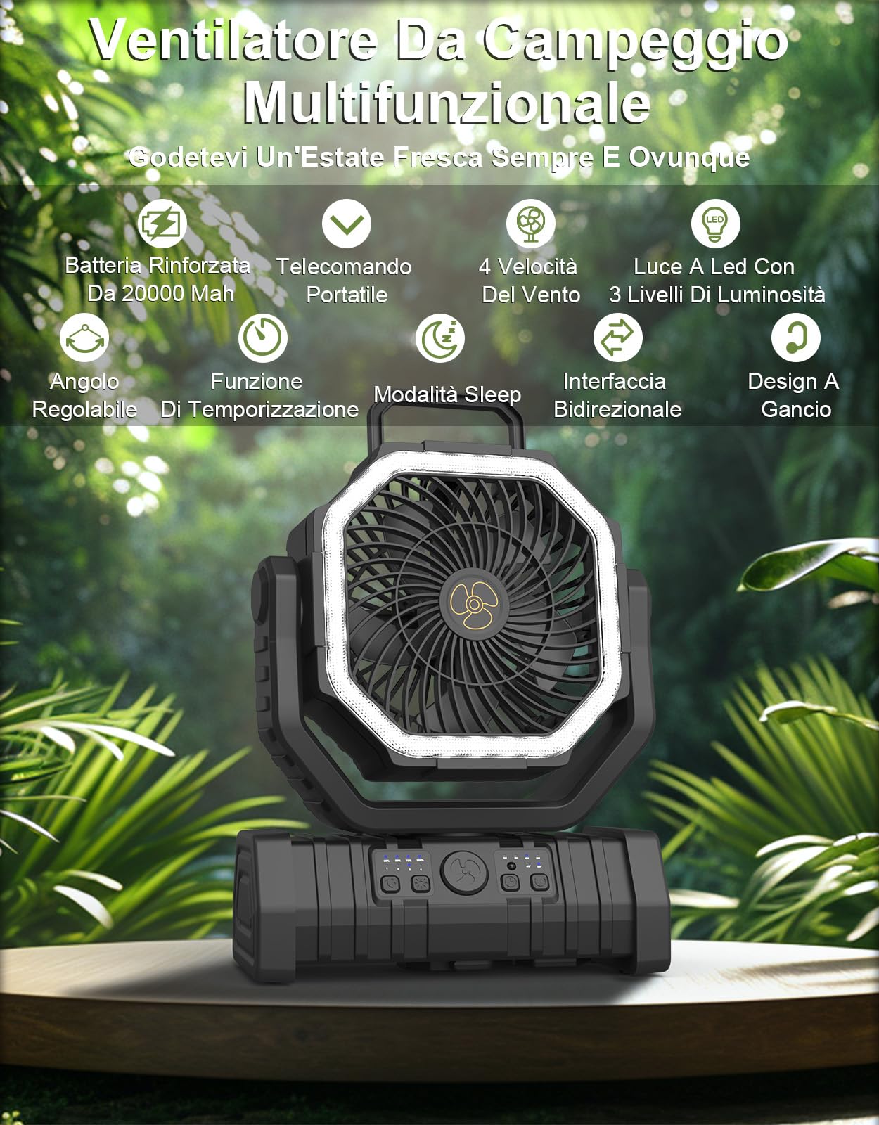 Richday 20000mAh con lanterna LED Ventilatore da campeggio Ventilatore silenzioso a 4 velocità Rotazione di 270° Ventilatore da campeggio all'aperto per uffici Tenda da camera da letto Campeggio