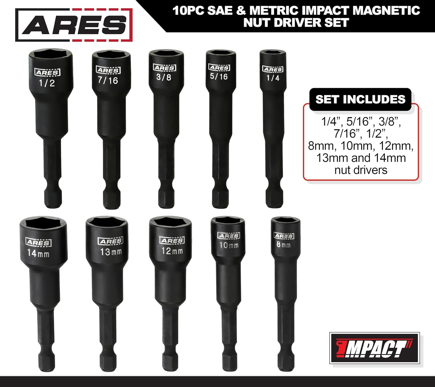 ARES 27102-10-Piece SAE and Metric Impact Magnetic Nut Driver Set - 2 1/2-Inch Impact Grade Nut Setters with Industrial Strength Magnets and Holders