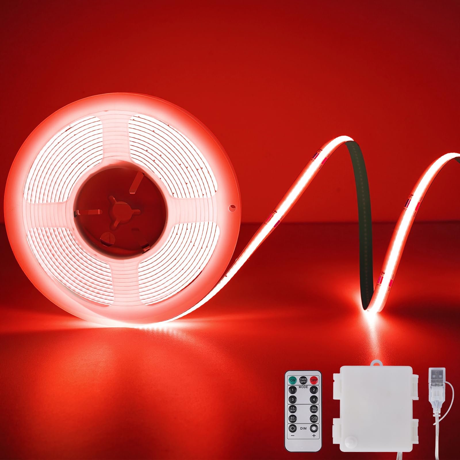 Red COB LED Strip Lights Battery Powered, 2M 640LED Light Strip Wireless Dimmable Cuttable Flexible LED Lights with Remote for Boat, Cars Motorcycles, Computer, Party, TV Wall, DIY Decoration
