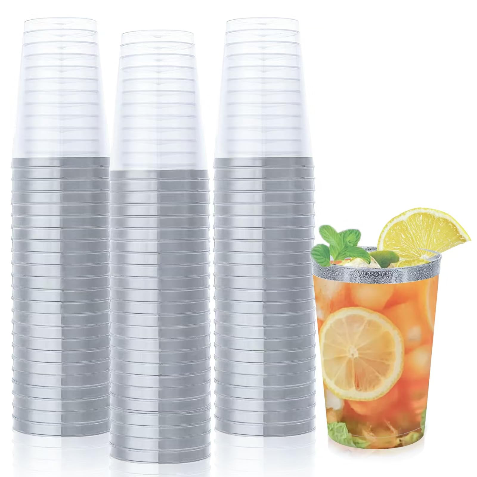 50 bicchieri di plastica con argento, 350 ml, in plastica, riutilizzabili, eleganti bicchieri da vino per champagne e birra, cocktail, martini, soda dessert (Argento)