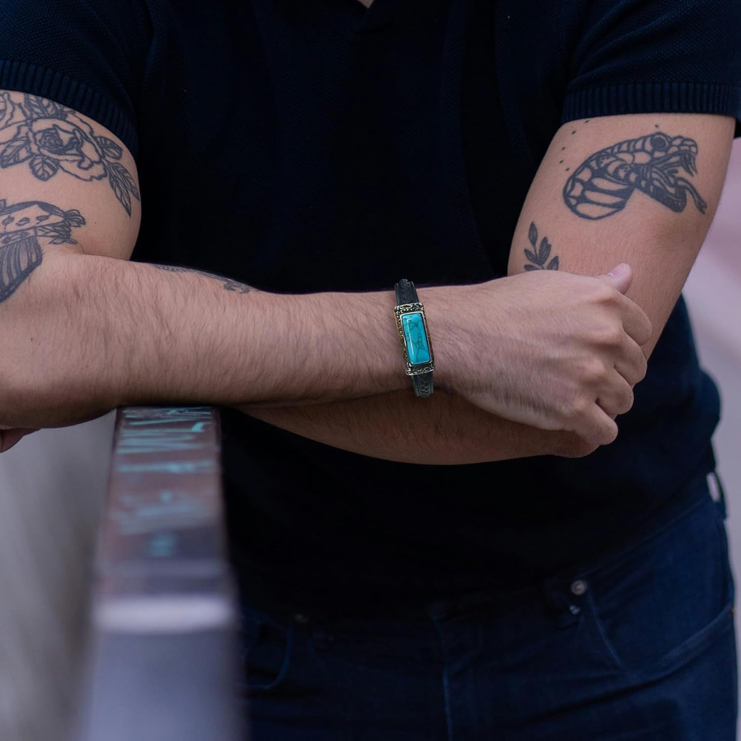 Men's Leather Vintage Turquoise & Tiger Eye Bracelet Stainless Steel Biker Jewelry for Him - Image 3