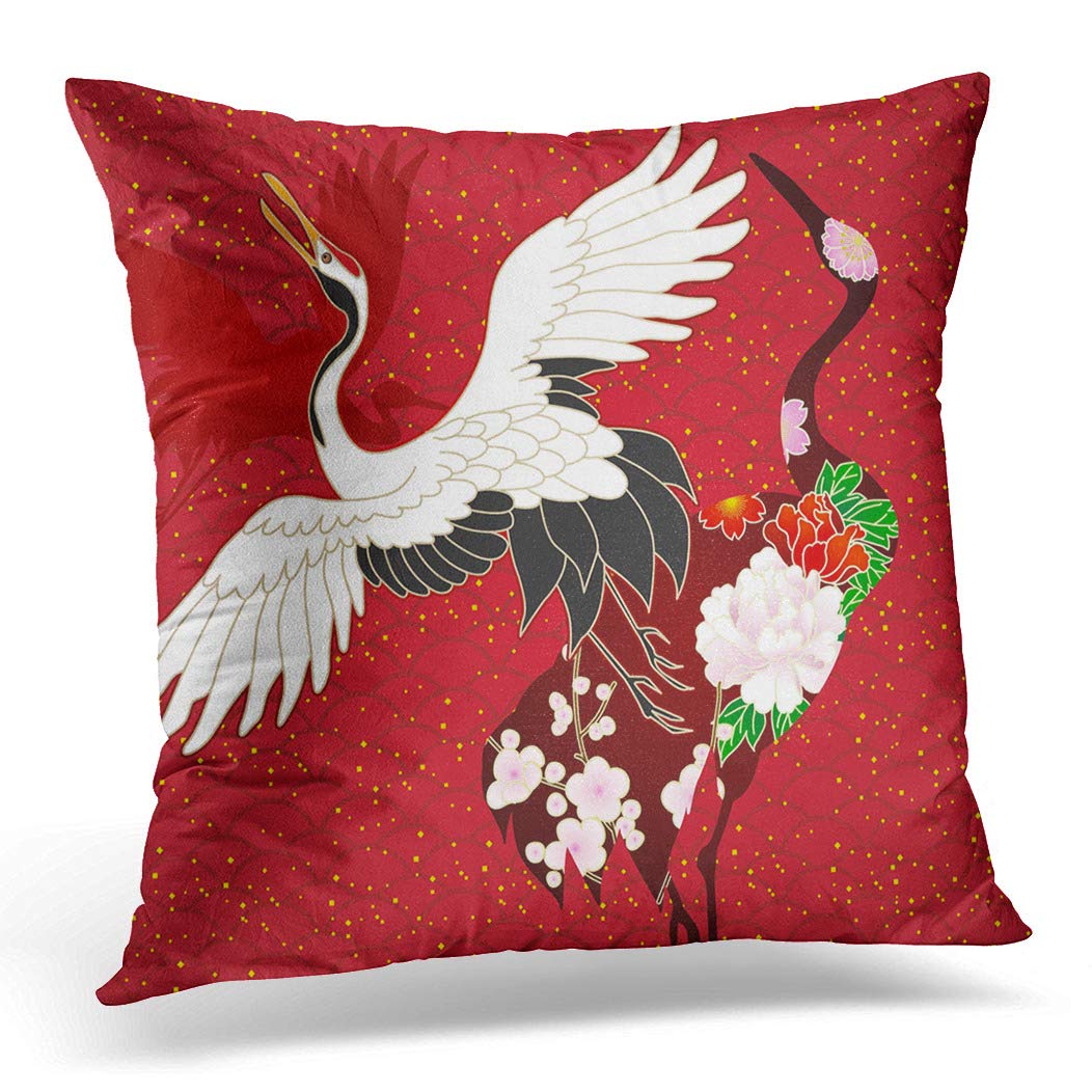 Awowee Cushion Cover 45x45cm/18x18inches Japanese Flying Cranes on Red Bird Animal Pattern Silhouette Home Decor Throw Pillow Cover Square Pillowcase for Bed Sofa