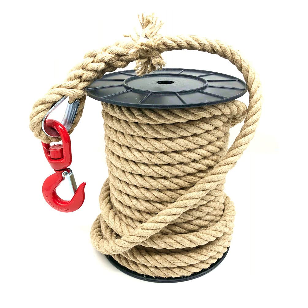 D-Work Seilrolle mit Hanfseil, Durchmesser 20/22 mm x Länge 25 m + C.M.U Wirbel Haken 1500 kg mit Heben