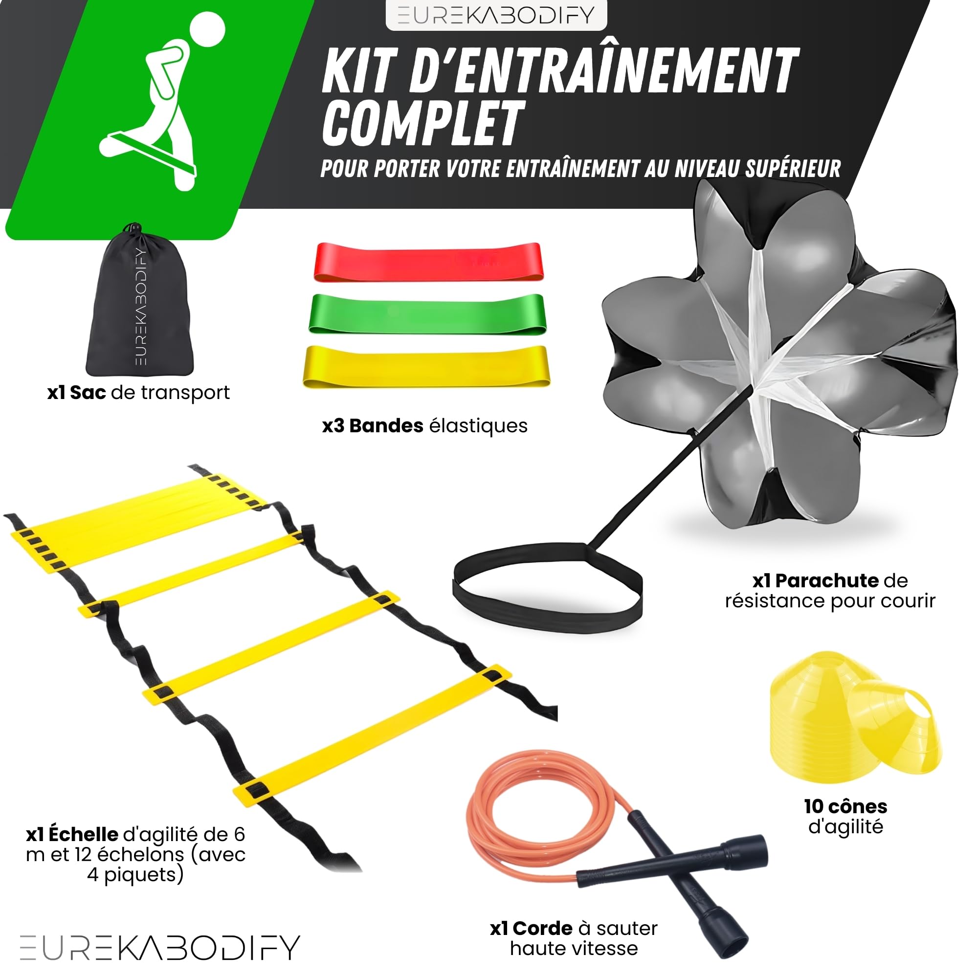 Kit d’Entraînement Football et Agilité - 10 Cônes d’Entraînement - Échelle d’Agilité 6m - Parachute d’Entraînement - 3 Bandes de Résistance - Corde à Sauter - Sac de Transport