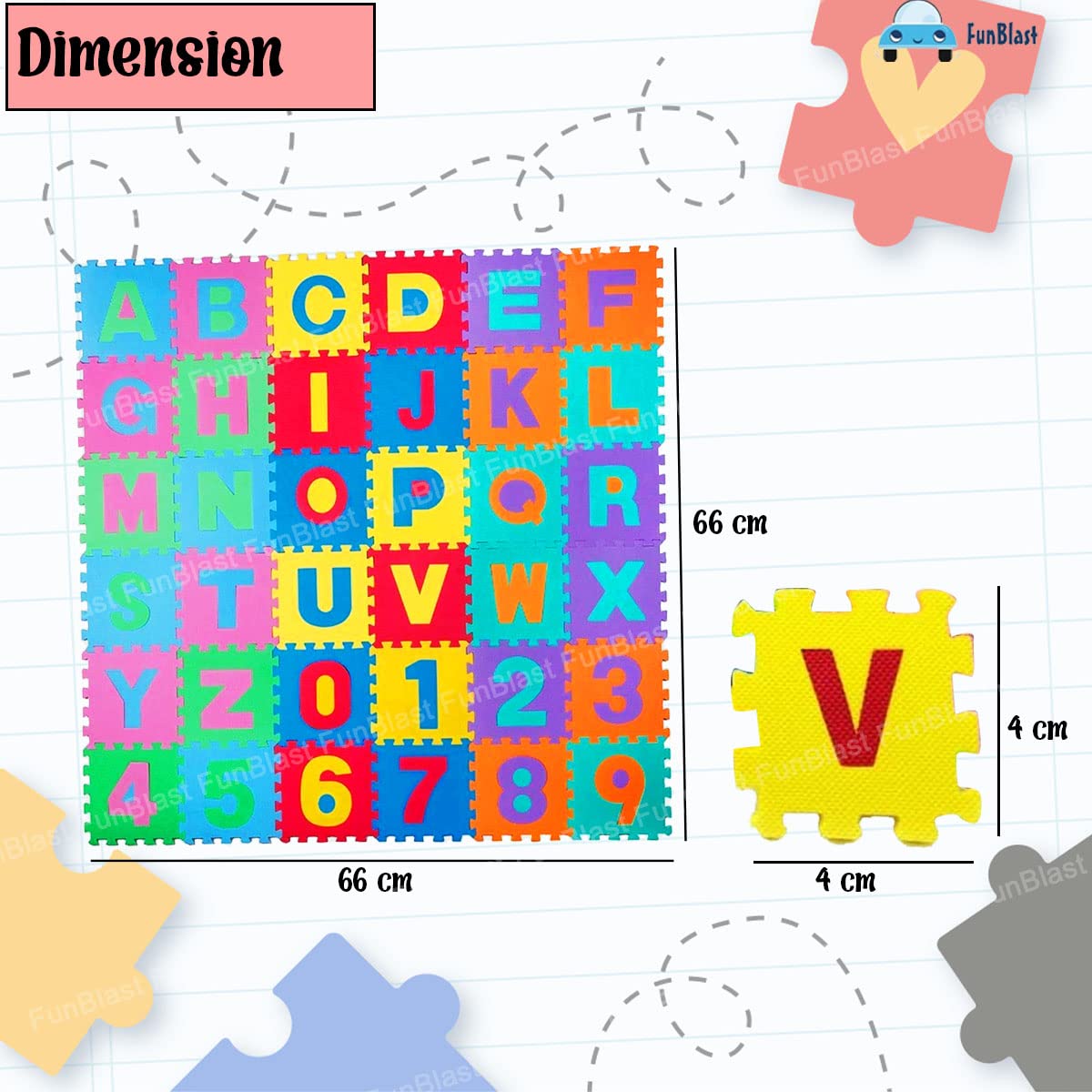 FunBlast 36 Pcs Big Size Eva Puzzle Foam Mat for Kids, Interlocking Learning Alphabet and Number Mat for Kids - Multicolor (15 X 15 CM)