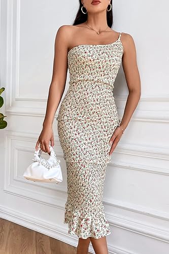 Miniatura 6 de PRETTYGARDEN - Vestidos de verano midi para mujer, con un hombro, estilo bodycon, con tiras, volantes, floral, bohemio, vestido de playa con un