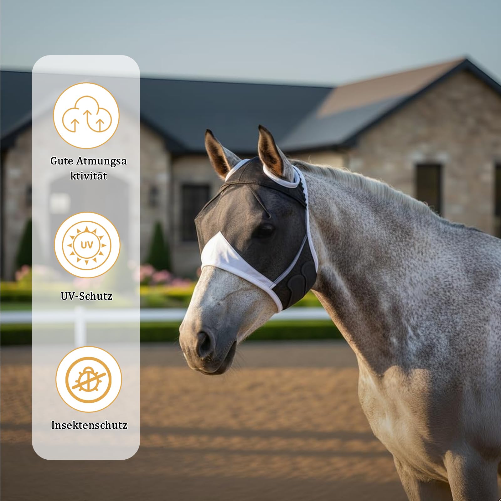 Maschera da mosche per cavallo, protezione UV, traspirante, per cavallo, sangue caldo, protezione contro mosche e raggi UV, per allenamento e uso quotidiano, maschera per mosche a lunga durata, taglia