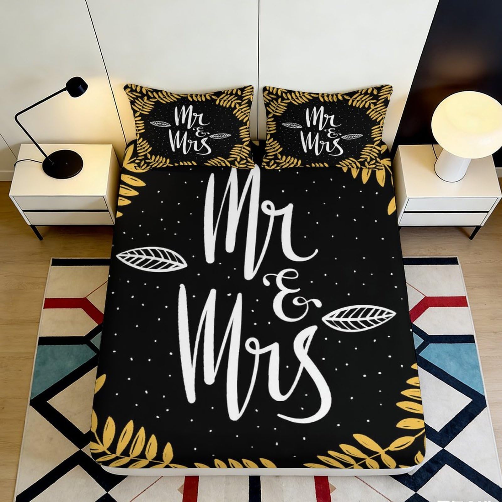 3D Printed Mr & Mrs Fitted Sheet Microfiber Black Gold Bed Cover Modern Script Anti-Slip Protector for Bedroom Guest Room 90x200x25cm