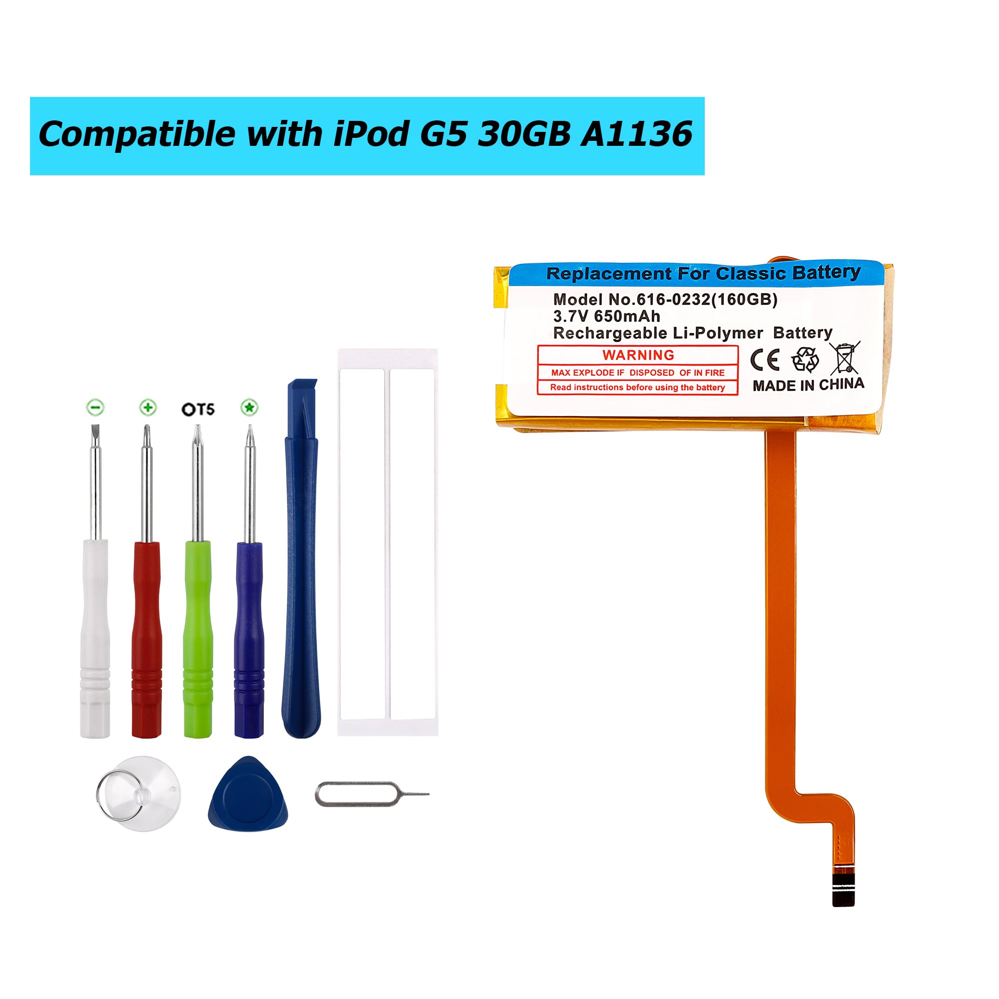 616-0227, 616-0232,616-0229 akumulator zastępczy kompatybilny z iPod G5 30GB A1136 z zestawem narzędzi
