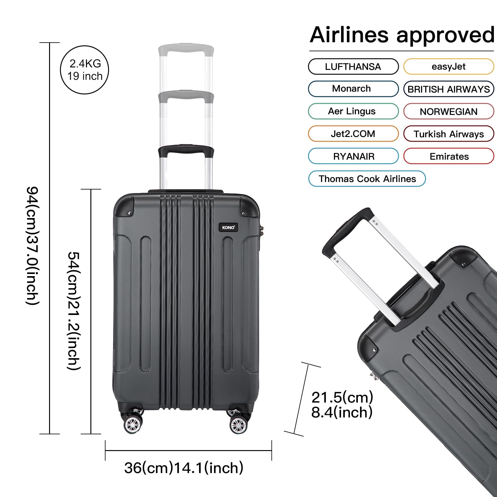 KONO Valigia Bagaglio a Mano 55x35x20cm Rigida e Leggera Trolley Piccolo in ABS con 4 Ruote Valigie da Viaggio, Grigio