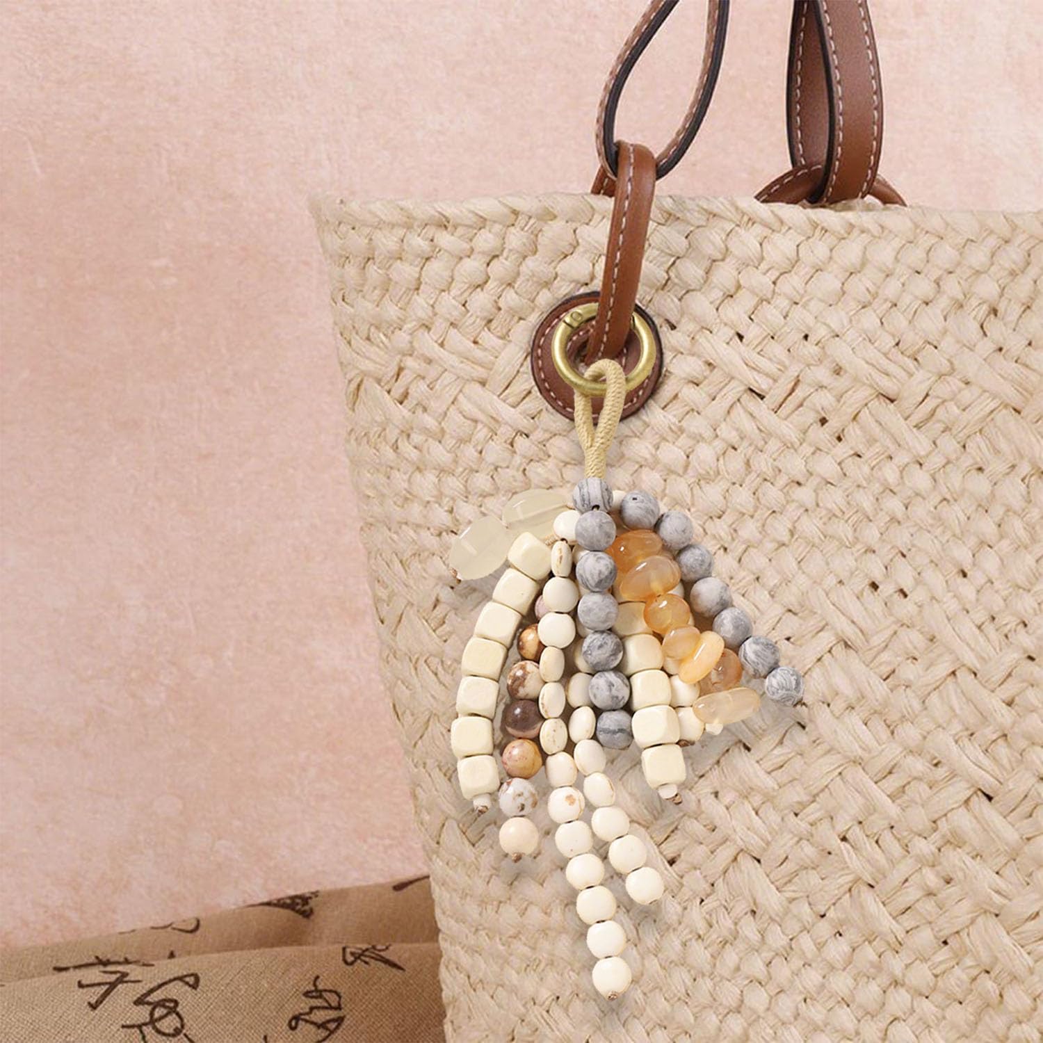 Natural Bodhi Wood Beaded Keychain,Handmade Beaded Lucky Key Ring Handcraft Purse Charms Pendant Decoration for Bags - Image 2