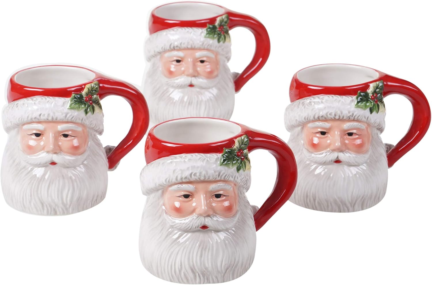 Magic of Christmas Santa 3D 14oz Ceramic Mugs, Set of 4 – Sculpted Holiday Coffee, Tea, Cocoa Cups, Handwash, Festive Christmas Tableware