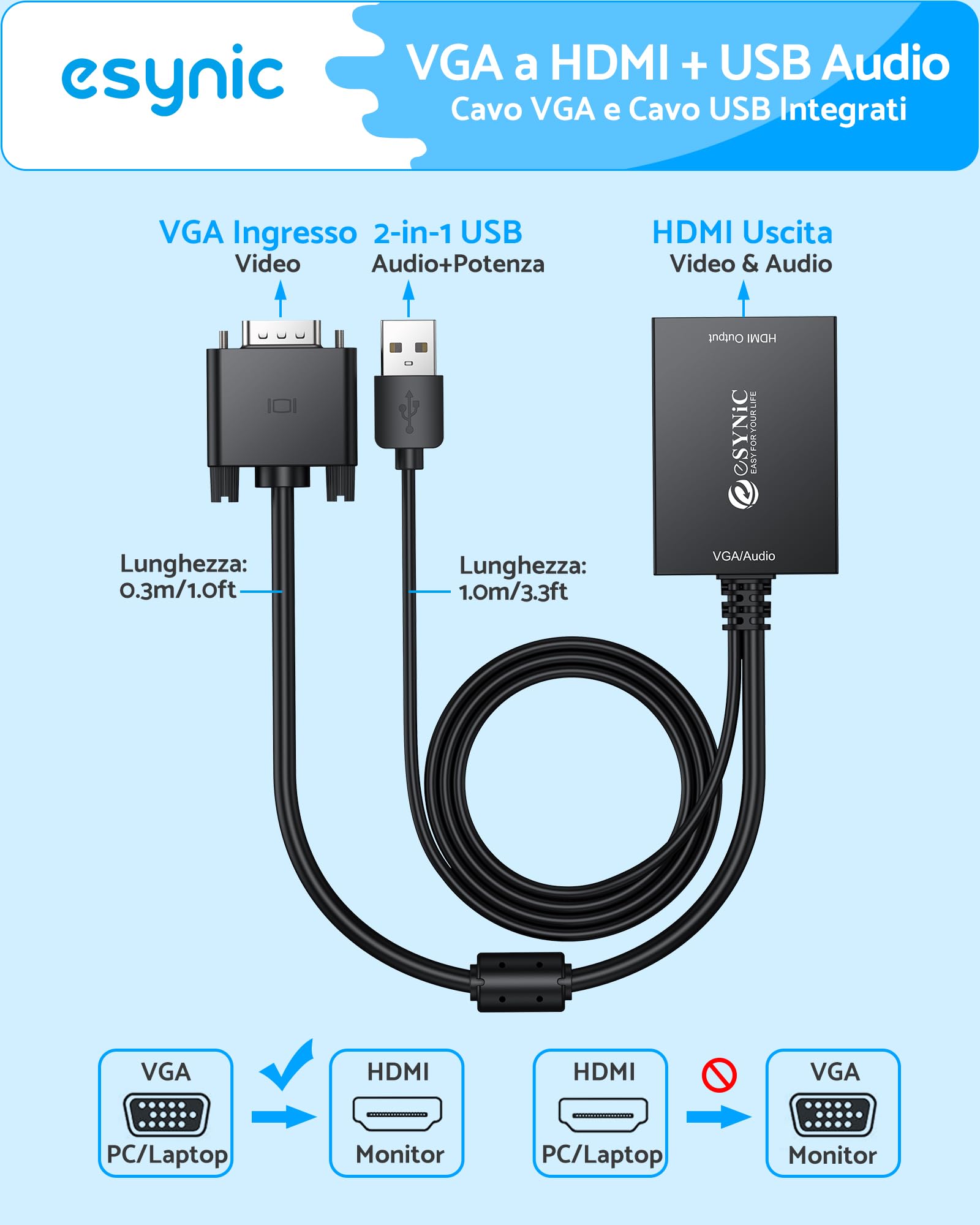 eSynic Convertitore VGA a HDMI con USB Audio Supporta 1080P, Adattatore Analogico a Digitale con Cavo VGA 30cm e Cavo USB 1M a HDMI Video Audio 2CH, Connettore Placcato Oro per PC HDTV Proiettore