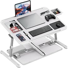 Potuopy Adjustable Laptop Bed Tray Table, Large Easy-Clean Wood Desktop, Foldable Lap Desk with Storage Drawer, Portable Laptop Stand Fits 17" Laptop for Bed Couch Floor Grey,23.6"*15.7"