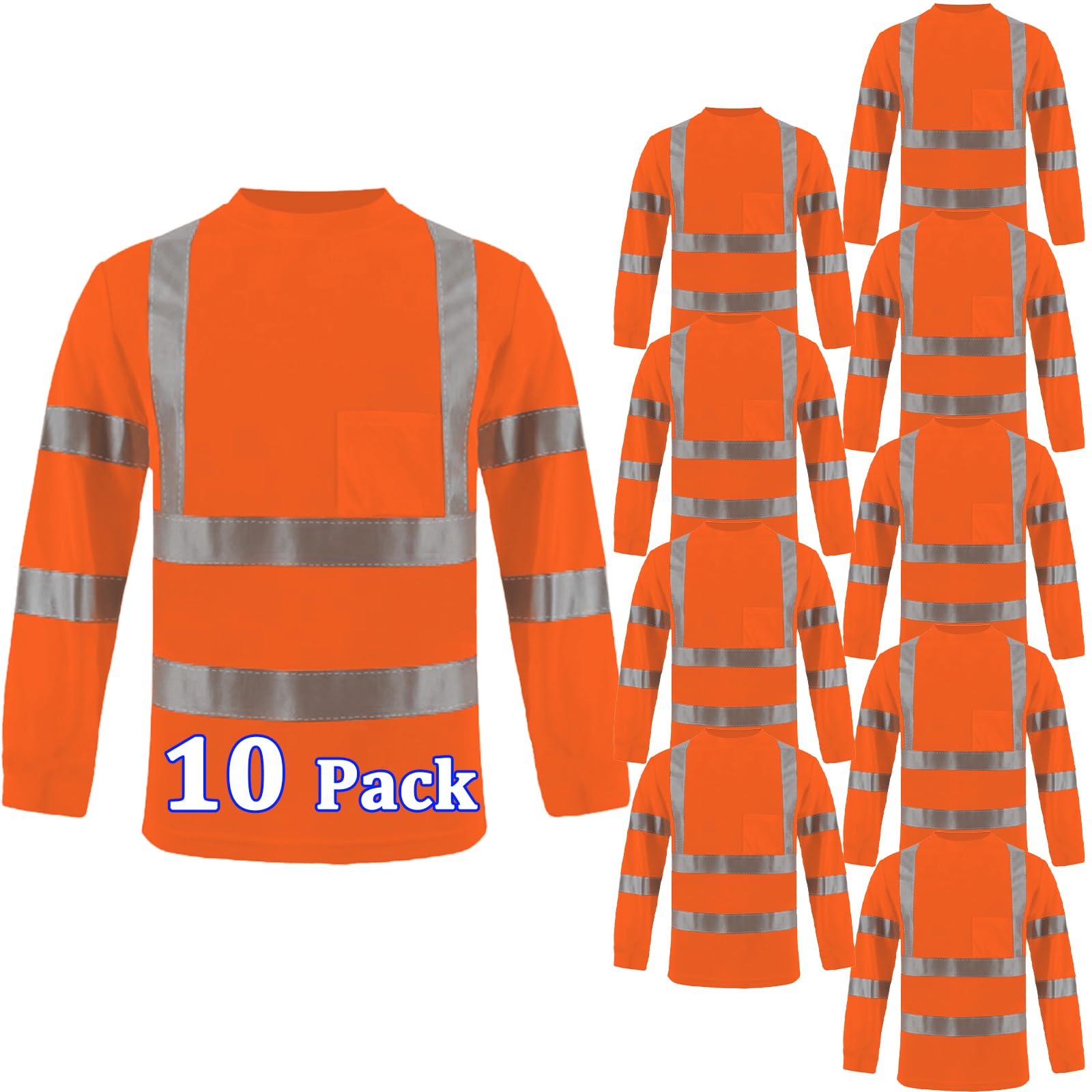 BeautyWill 10 Pack Safety T Shirts ANSI Class 3 Standard High Visibility Shirt with Reflective Tapes and Pocket Work Shirts for Men Construction (Orange-LongSleeve,Large)