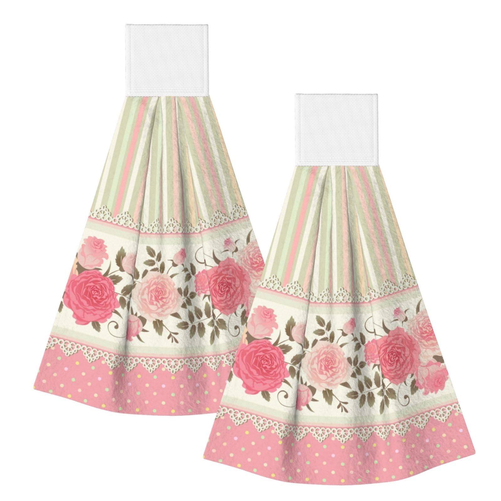 DOPKLNA Pink Floral Polka Dots Neutral Striped Combo Vintage Shabby Chic Flower Lace Pattern, 2 Pcs Hanging Coral Fiber Hand Towels for Bathroom, Absorbent Kitchen Towels