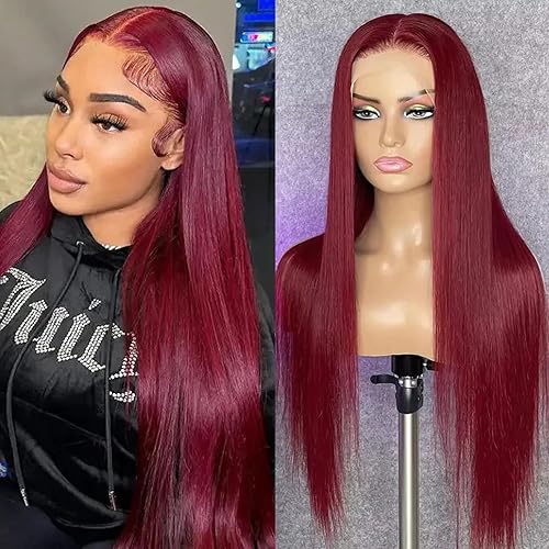 Pelucas de cabello humano con encaje frontal color burdeos 99j prearrancadas de 13 x 4, pelucas de cabello humano lacio con encaje frontal de 180 %