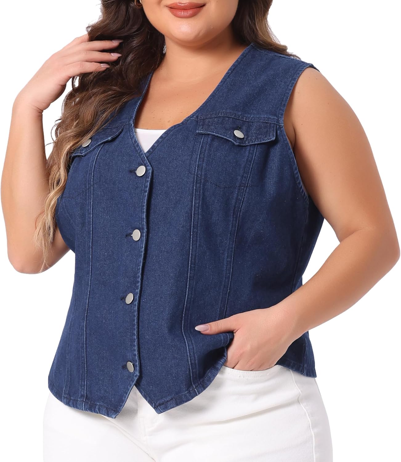 Agnes Orinda Plus Size Denim Vests for Women V Neck Sleeveless Utility Jean Jacket Vests - Image 2