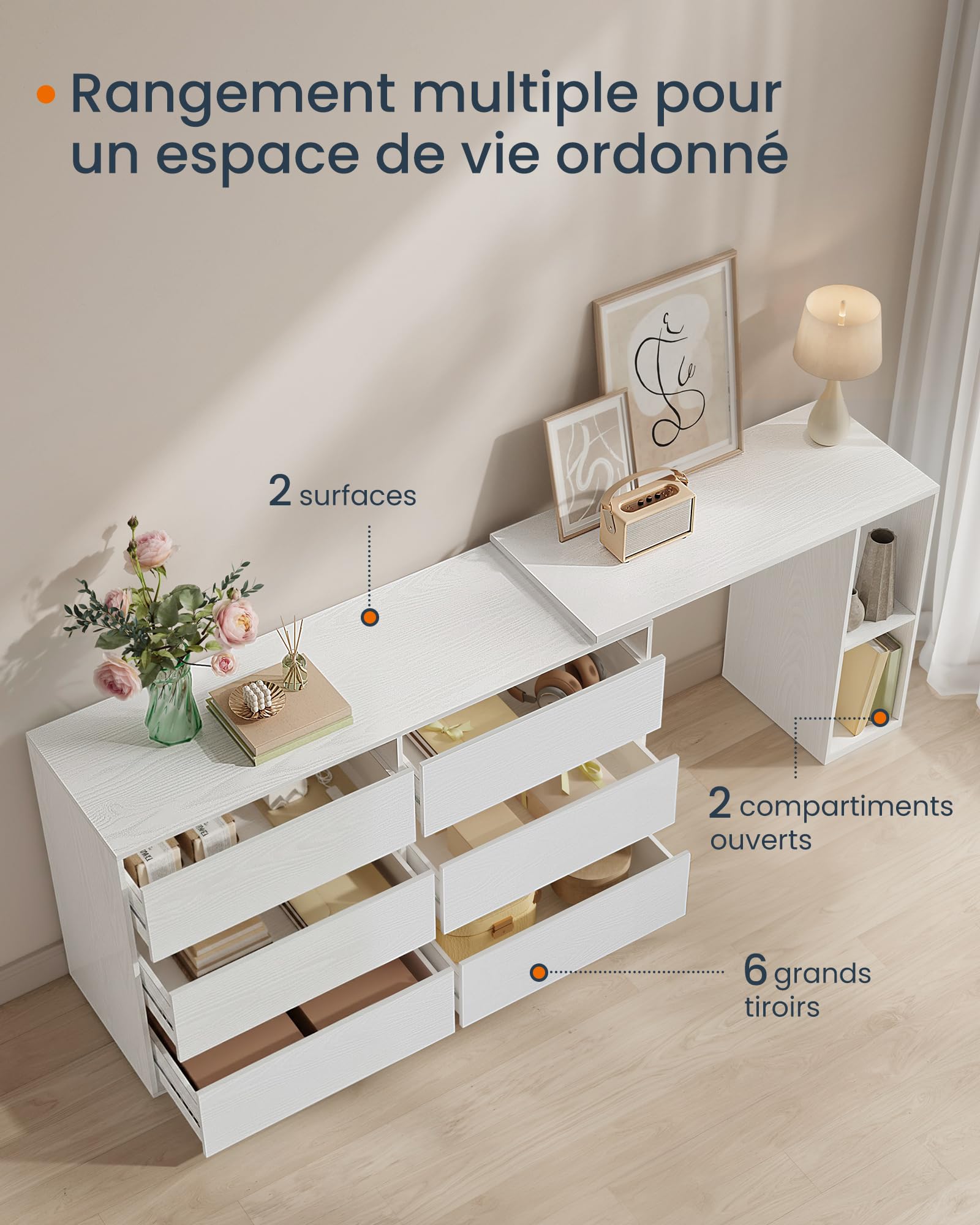 SONGMICS HOME Commode Chambre, Assemblage Rapide sans Outils Toolless, Coiffeuse, Meuble de Rangement, avec Étagère, Côte à Côte ou en L, pour Chambre, Bureau, Blanc Neige LTS656W01