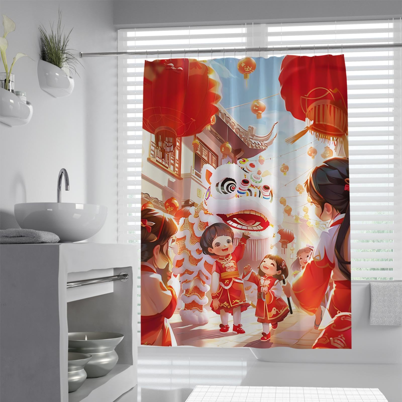 Cortina de ducha de diseño de dibujos animados Feliz Año Nuevo festivo Decoración festiva Cortina de ducha para baño Cortinas de ducha impermeables con ganchos 220Bx200Lcm