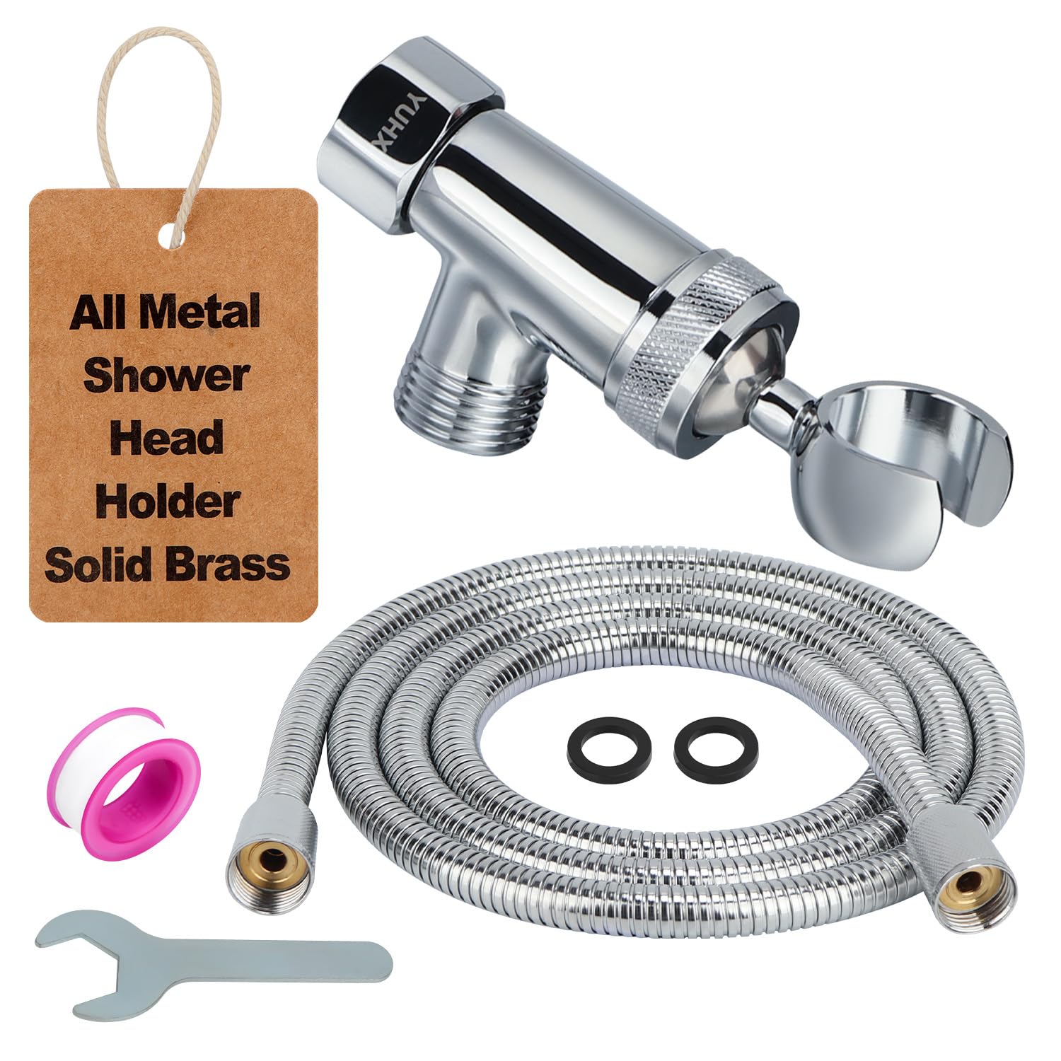 Shower Head Holder,Adjustable Handheld Shower Wand Bracket, Hand held Showerhead Holder (C-Style Hose +Holder All Metal Premium Chrome)