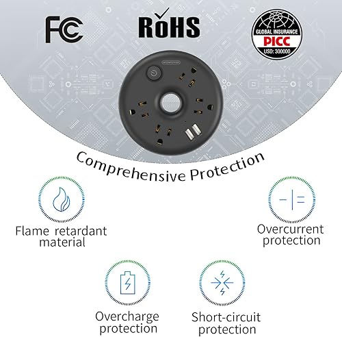 Miniatura 5 de NTONPOWER Regleta negra de 25 pies con 4 tomas, 2 puertos USB, cable de extensión de escritorio, protección contra sobrecarga, carcasa de ABS