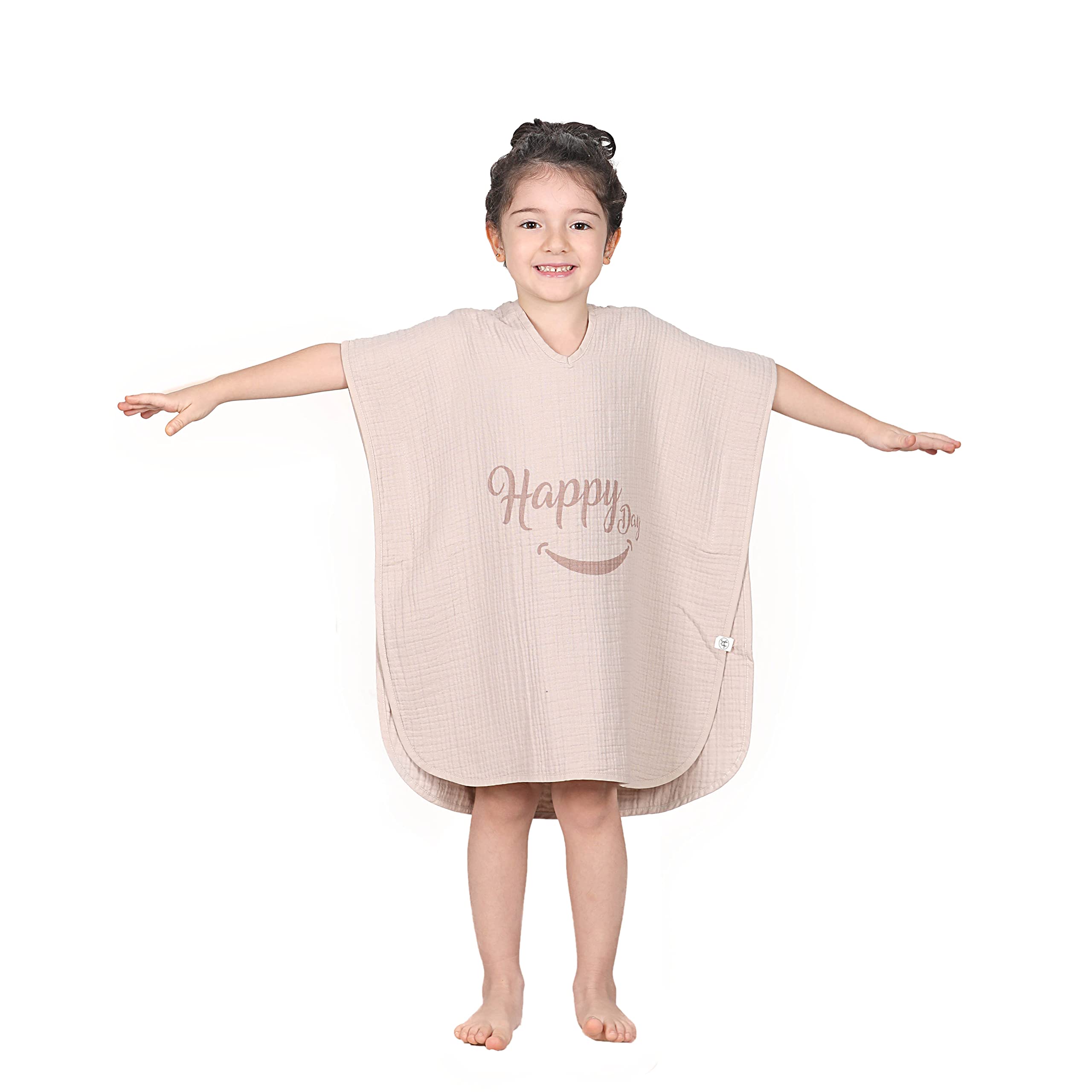 Organic Muslin Baby Hooded Poncho, 4 Layer Ultra Soft,Absorbent,100% Cotton,Lightweight and Breathable, Unisex Muslin Blankets for Pool, Beach, Bath (Beige)