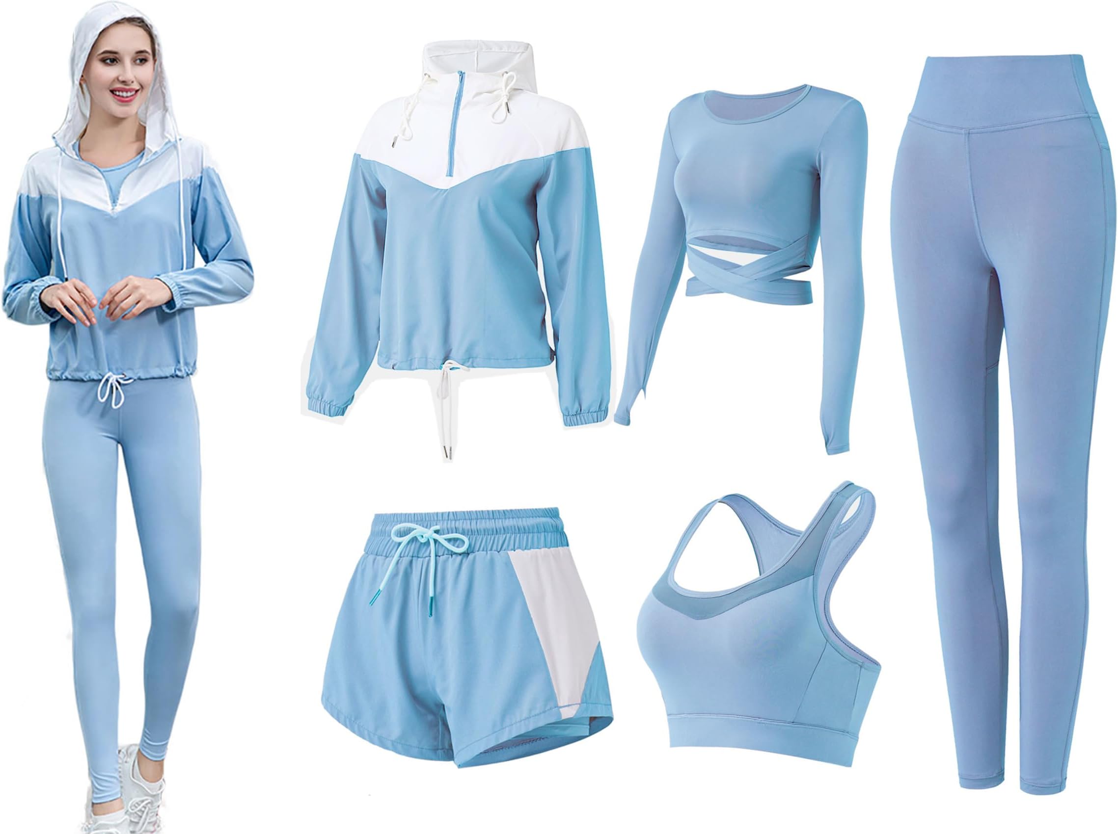 ZETIYWomen's 5pcs Yoga Suit, Girls Workout Outfit Sweatsuit Women's Activewear Sets Sport Yoga Fitness Clothing Sportsuits for Running Jogging Gym