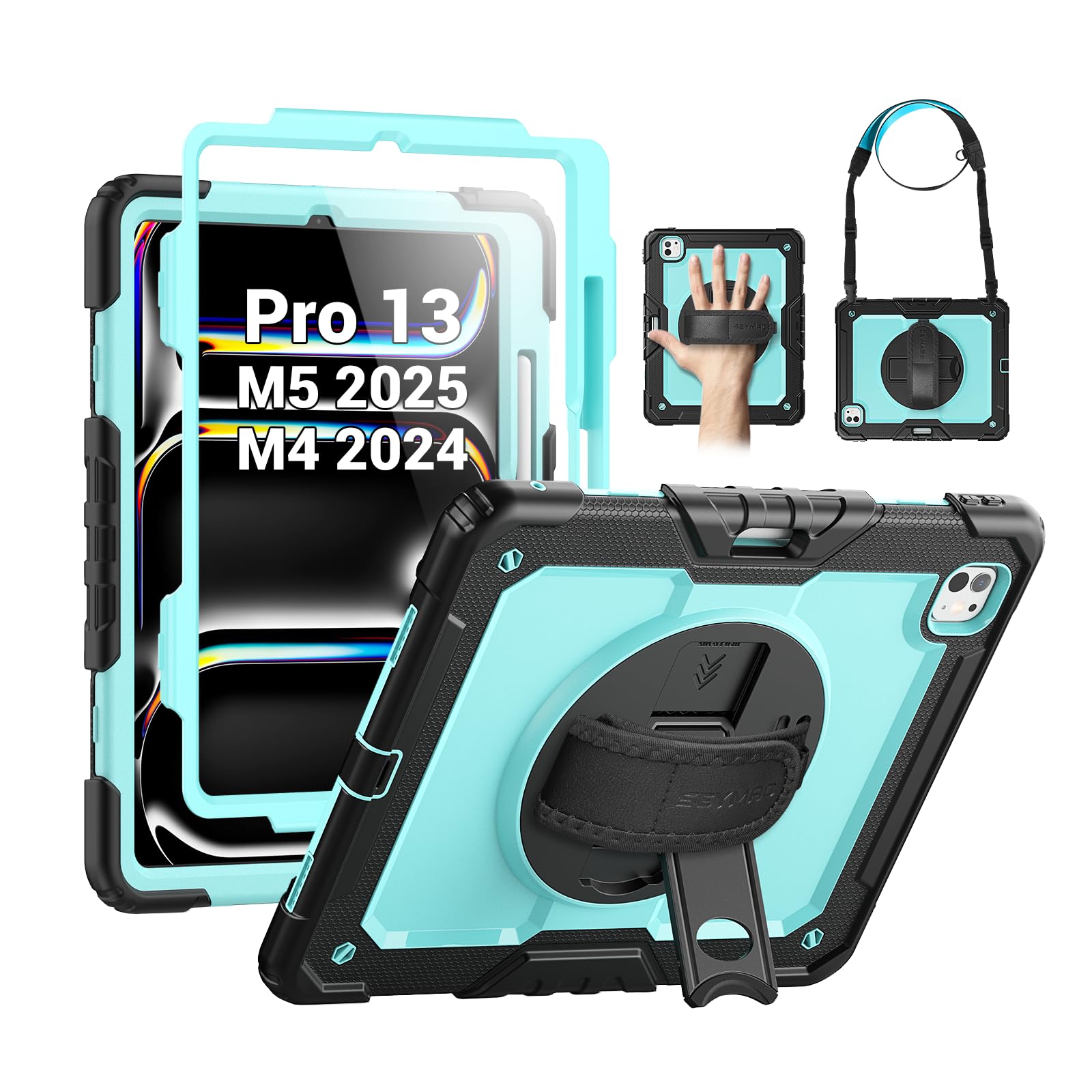 SEYMAC Case for iPad Pro 13 Inch M5 2025 / M4 2024, Heavy Duty Shockproof Protective Case with Screen Protector, 360° Rotating Stand, Hand/Shoulder