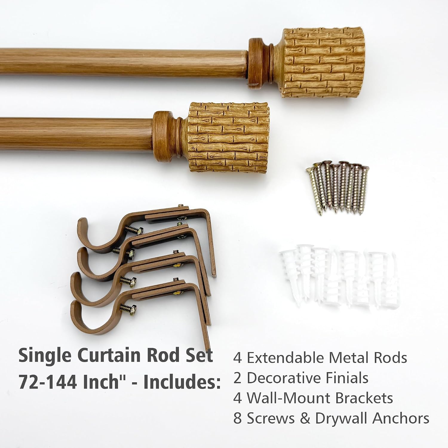 Adjustable 72-144 Inch Long Wood Curtain Rods for Windows 68-140 Inch, Heavy Duty Single Rod Boho Decorative Window Drapery Rod with Bamboo/Rattan-style Finials for Patio Door, Dining Room