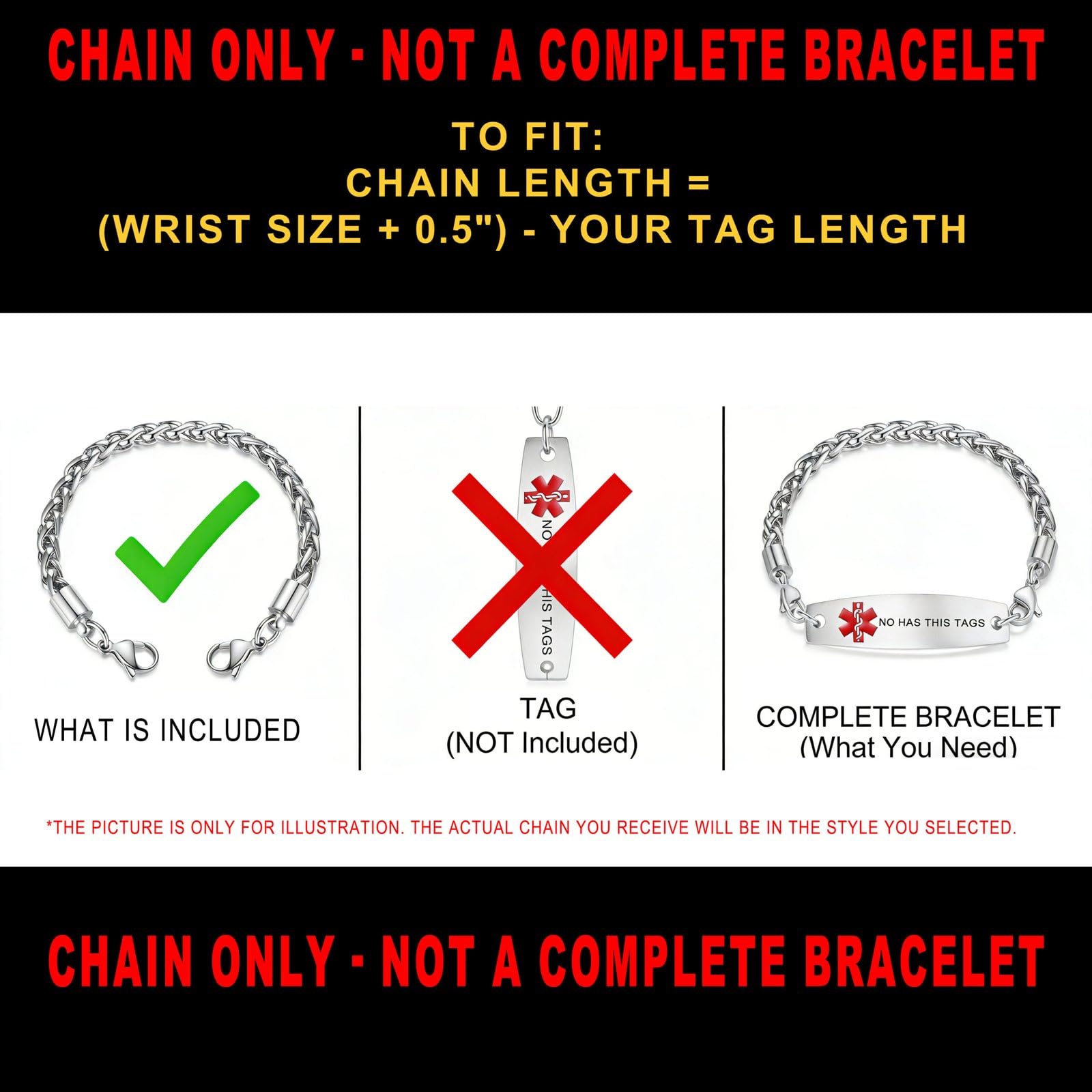 LinnaLove Austauschbares medizinisches Notfall-Armband, nur eine Kette, die zu Ihren medizinischen ID-Tags passt