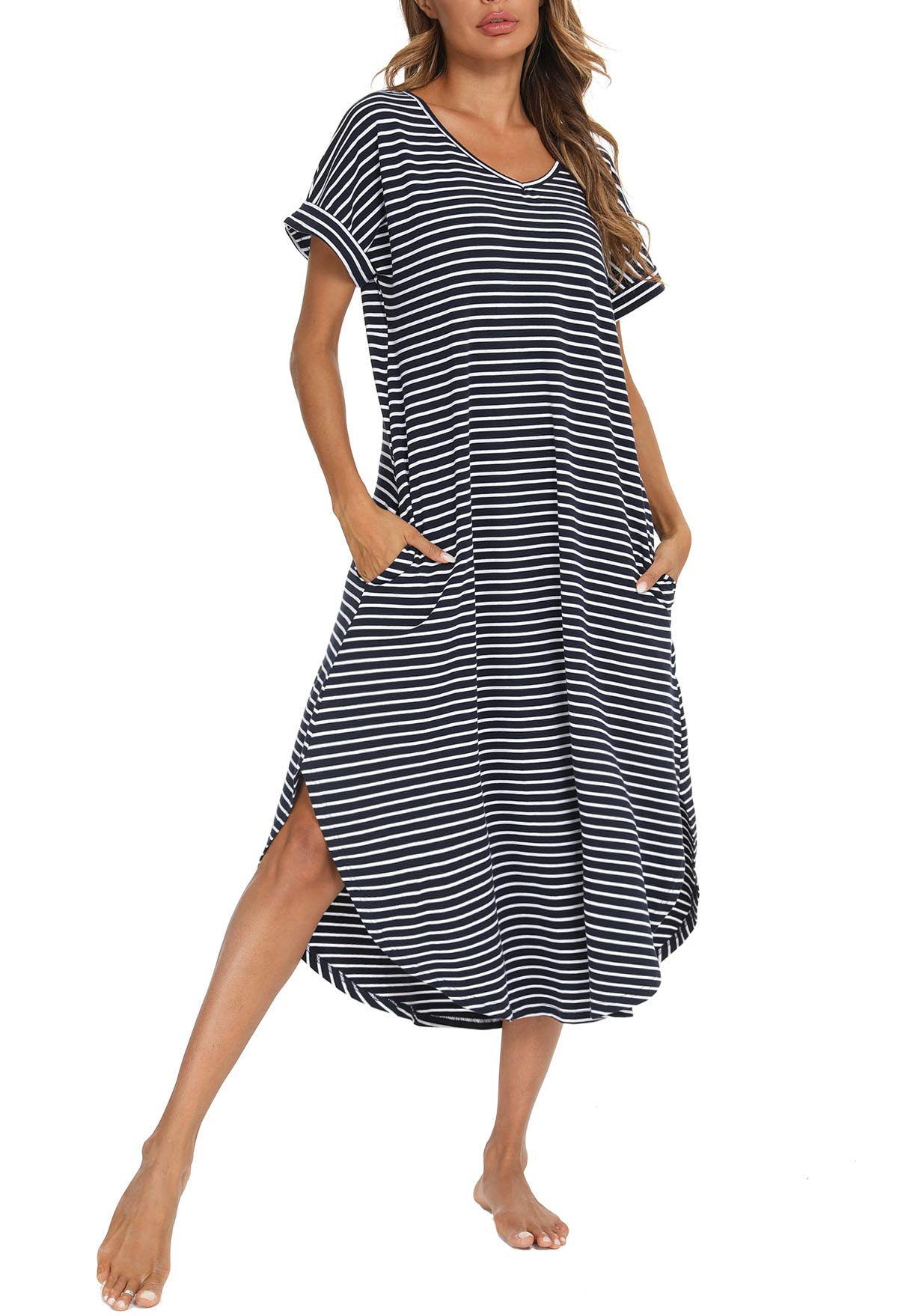 AVIIER Cotton Nightgowns for Women Short Sleeve House Dress Long Night Gown with Pockets S-XXL