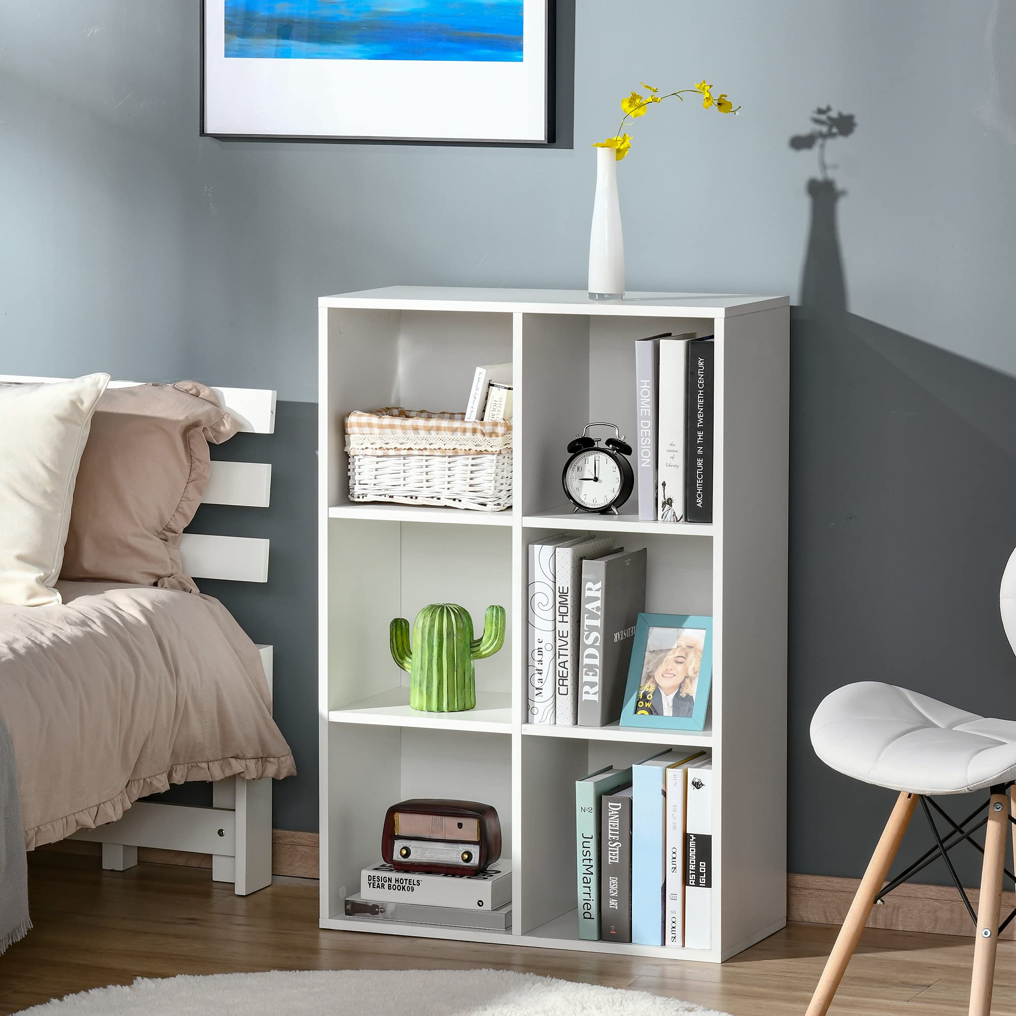 HOMCOM Mobile Libreria a 6 Cubi Salvaspazio 65.5x30x97.5 cm Bianco | in Legno, Scaffale Divisorio, Libreria Bassa, per Stanza, Soggiorno, Camera da Letto, Ufficio