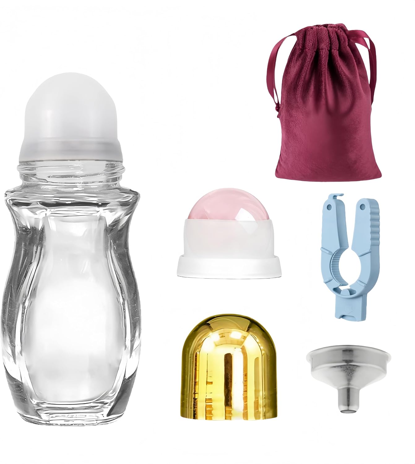 Castor Oil Rose Quartz Roller Ball,Roller Ball Applicator, 50ml Refillable Amber Glass Leak-Proof Rollerball Bottle with Rose Quartz Roller Ball (Transparent bottle + Pink beads)