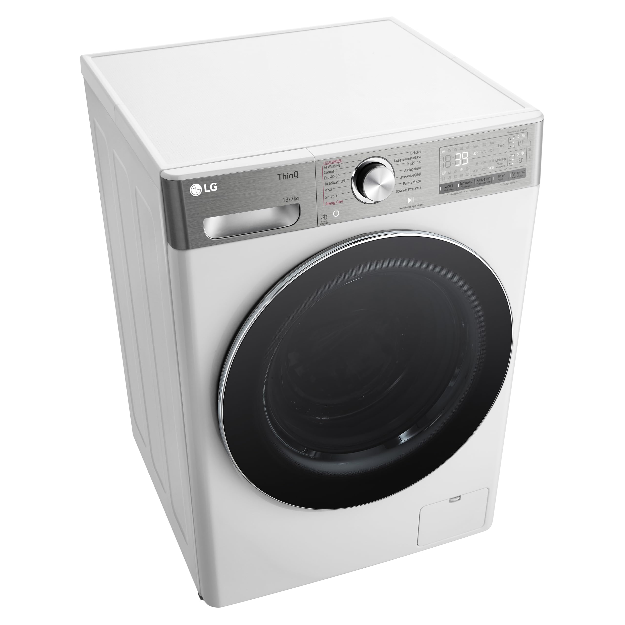 LG AI DD D4R9513TPWC Lavasciuga 13/7kg, Serie R9, Classe D, Lavatrice Asciugatrice, 1400 Giri, TurboWash 360, Vapore Steam+ e Antipiega, Autodosaggio, Wi-Fi, Bianca