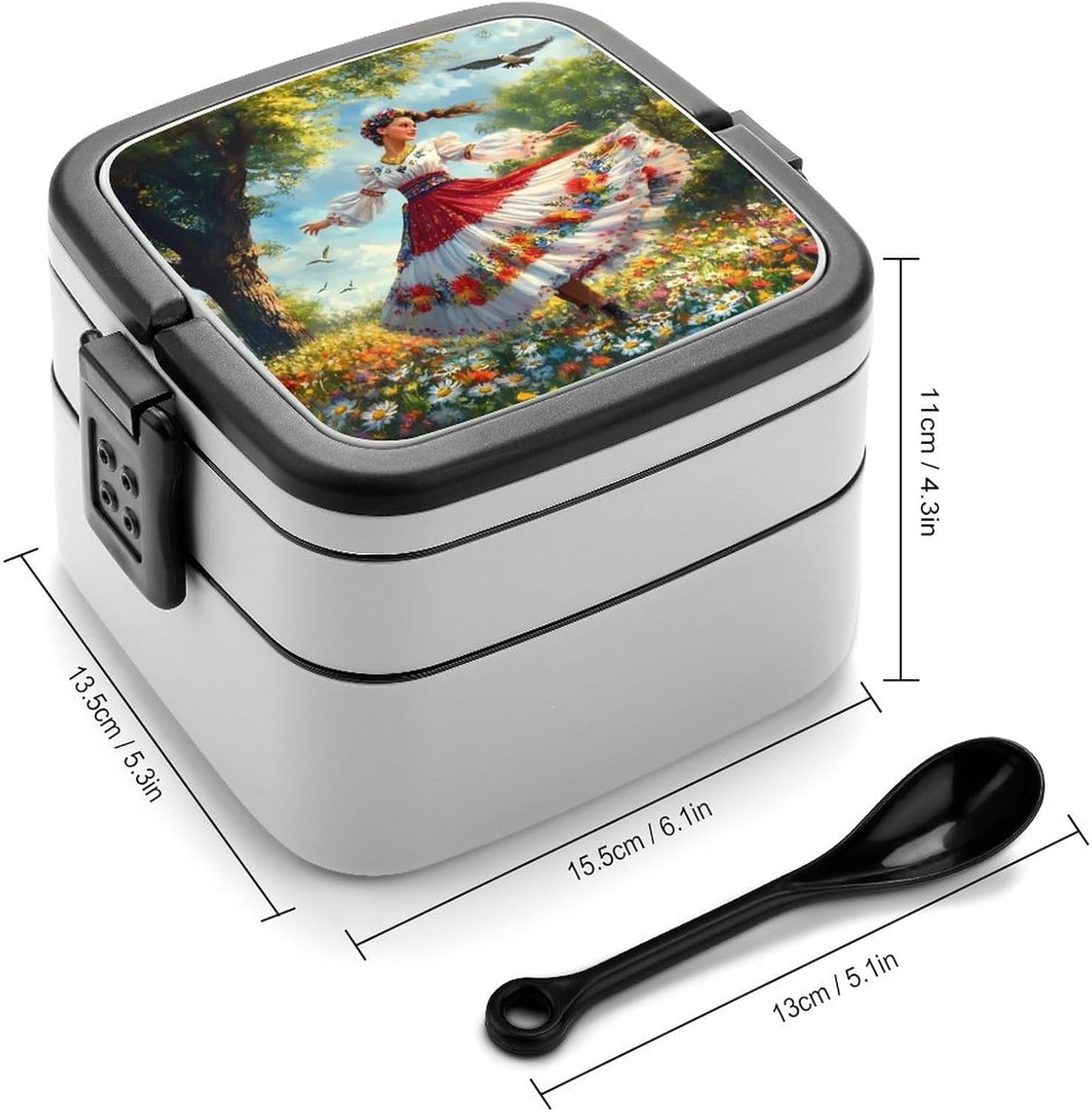 Ukrainian Woman Flower Field Bento Box with Spoon 2 Layer Food Container Cute Lunch Box for Travel Dining Work