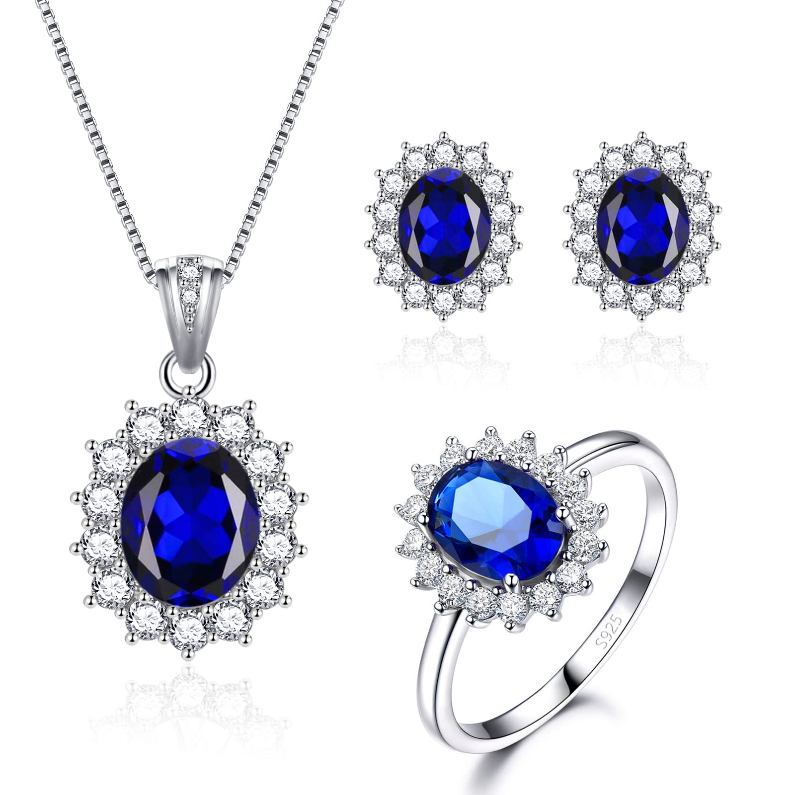 Femme Parure Argent Sterling 925, Ensemble de Bijoux Hypoallergénique Boucles d’oreilles Collier Bague avec Zircon Cubique 5A Blanc/Rouge/Rose/Bleu, Mariage Soirée Cadeau Anniversaire