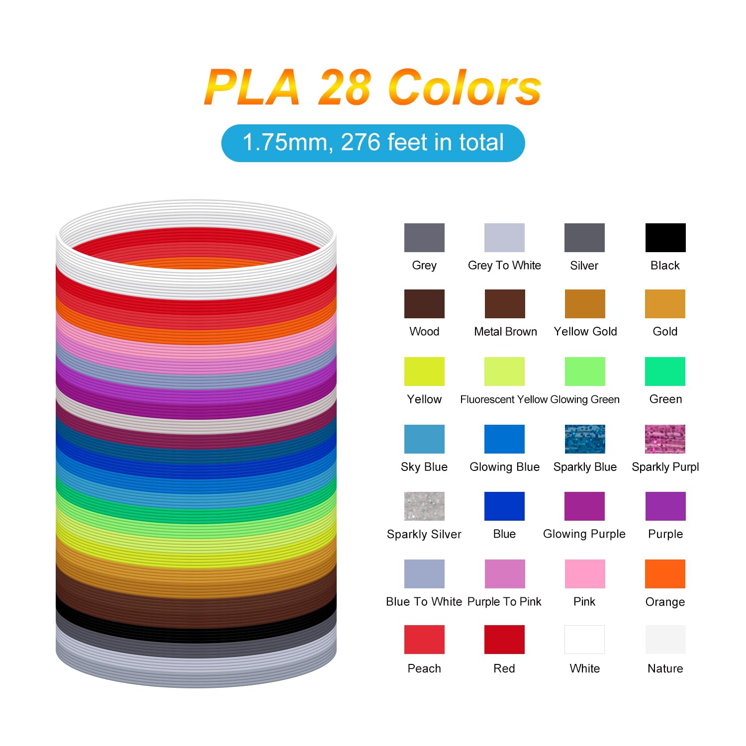 Kretrum 28 Farben 3D Stift Filament PLA 1.75mm 3D Druck Stift Filament Kompatibel mit MYNT3D SCRIB3D 3D Stift jede Farbe 3M Insgesamt 276 Fuß Enthält
