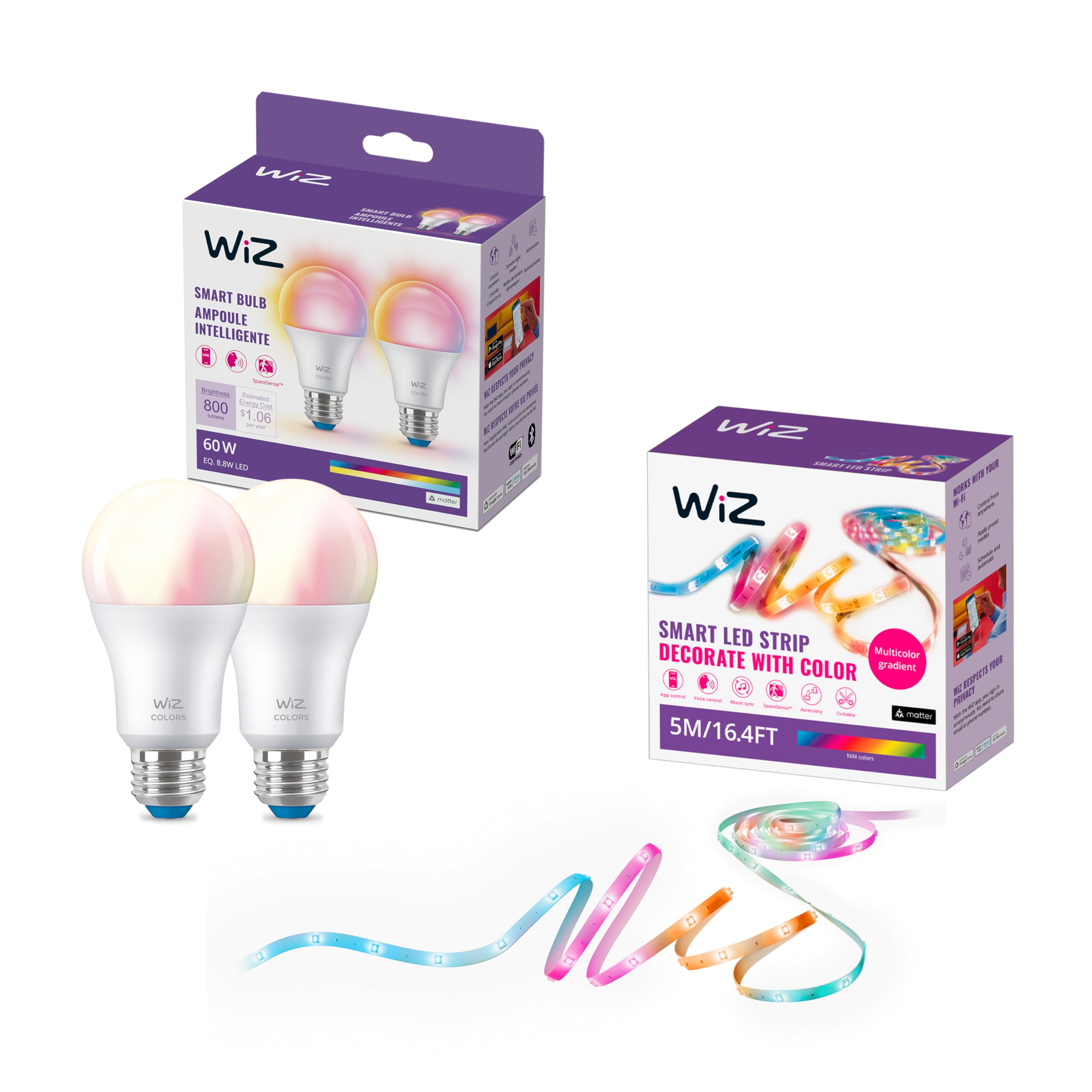 WiZ - Bundle - RGBIC LED Strip 5m Plus 2 60W A19 Color Bulbs - Control with Voice or App + Activate with Motion - Matter Compatible