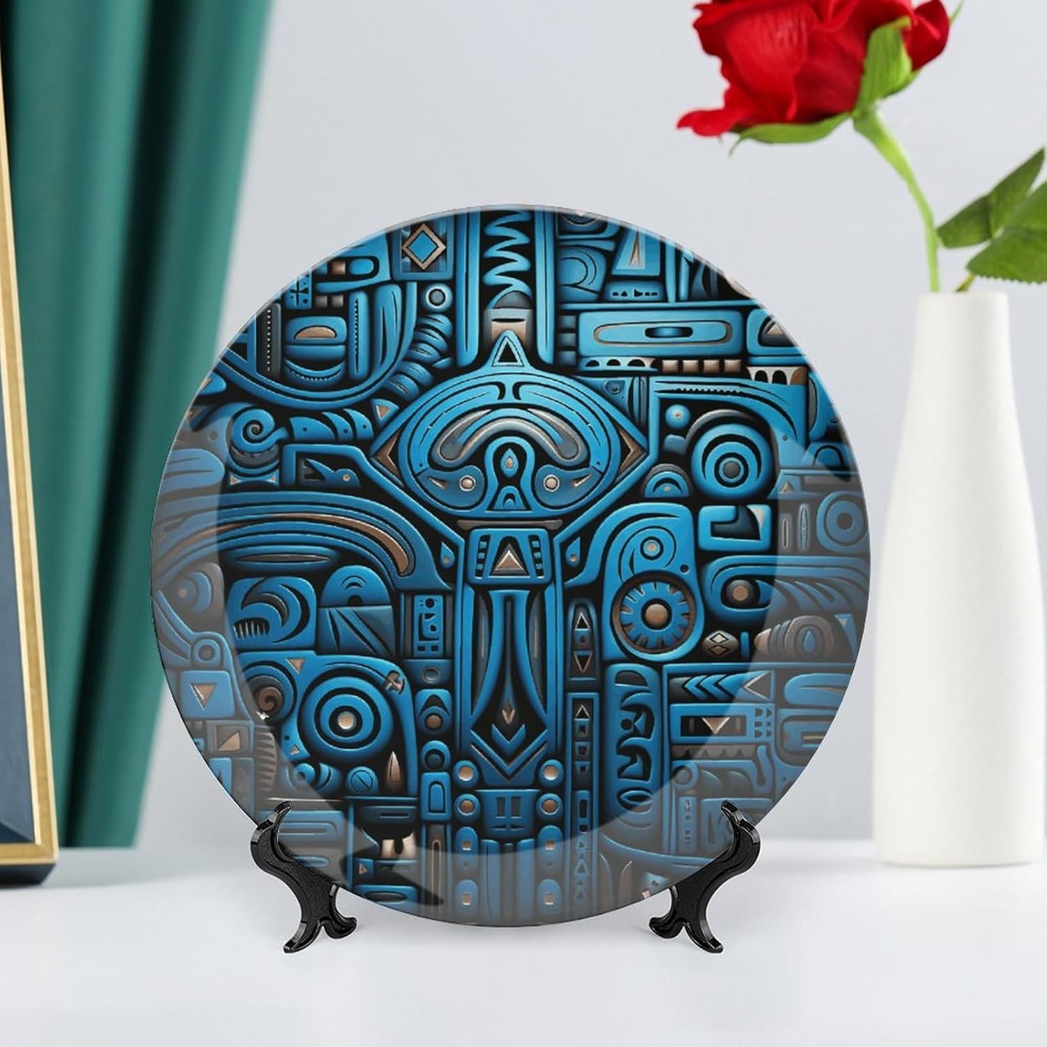 Blue And Black Tribal Pattern Ceramic Plate 10inch Decorative Bone China Wall Hanging Ornament Plates Bohemian Style Dinner Plate with Display Stand Cabinet Display Plates for Home Art Decor