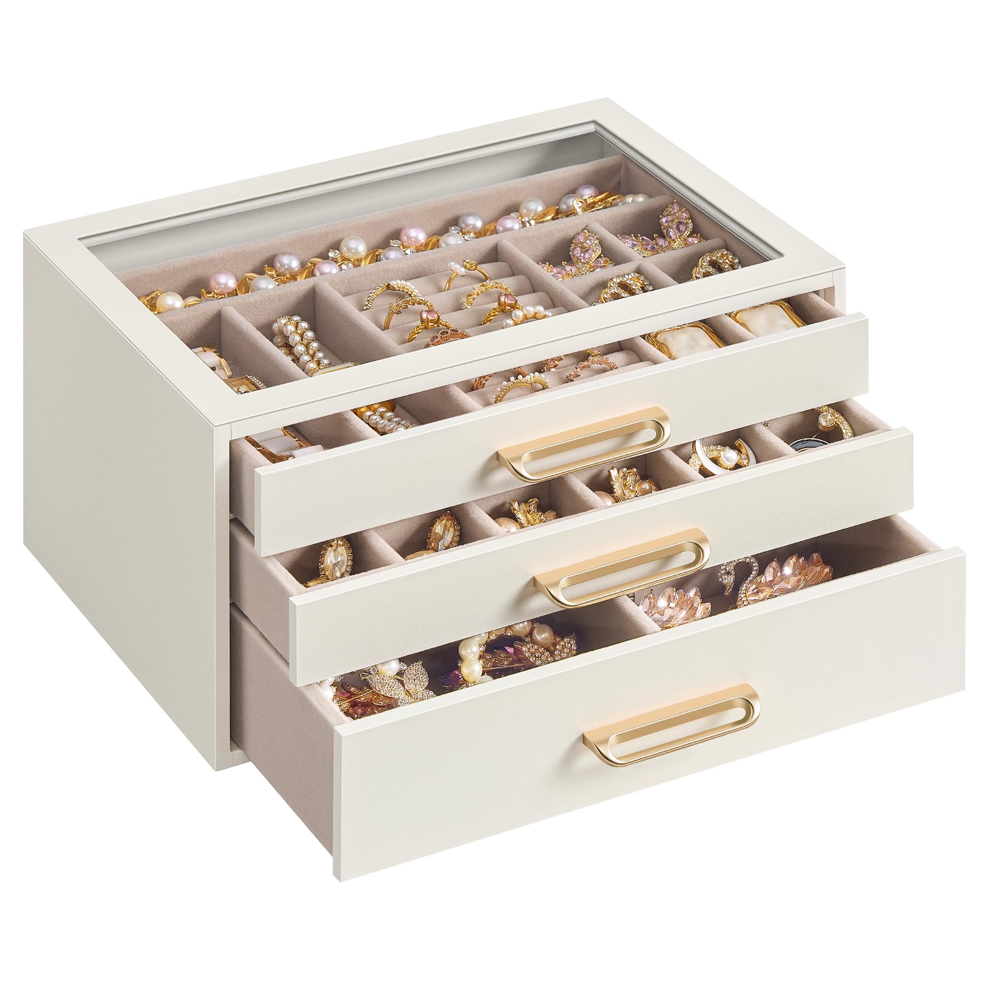 SONGMICS 3-Layer Jewelry Box with Glass Window, Jewelry Storage Organizer with 3 Drawers, Golden Handles, for Rings, Earrings, Bracelets, Gift Idea, Cream White, 16 x 24 x 12.5 cm UJBC206WD01 - 2