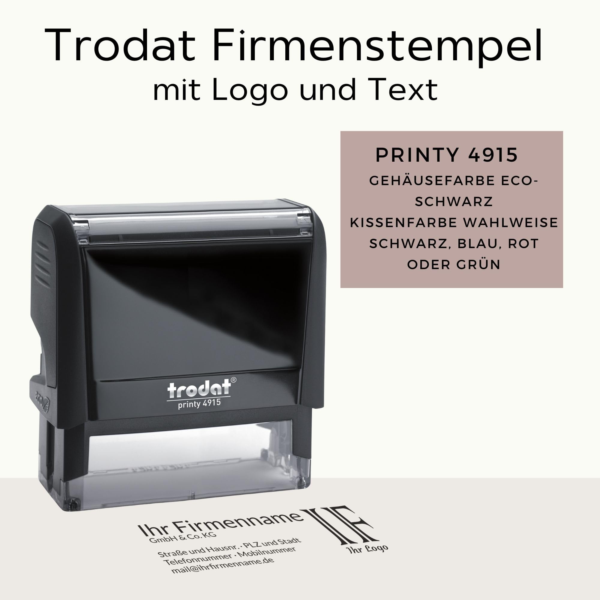 Trodat Firmenstempel mit Logo und Text – Printy 4915 Personalisierter Stempel inklusive Grafik und Wunschtext, Selbstfärbend, Abdruck 70 x 25 mm