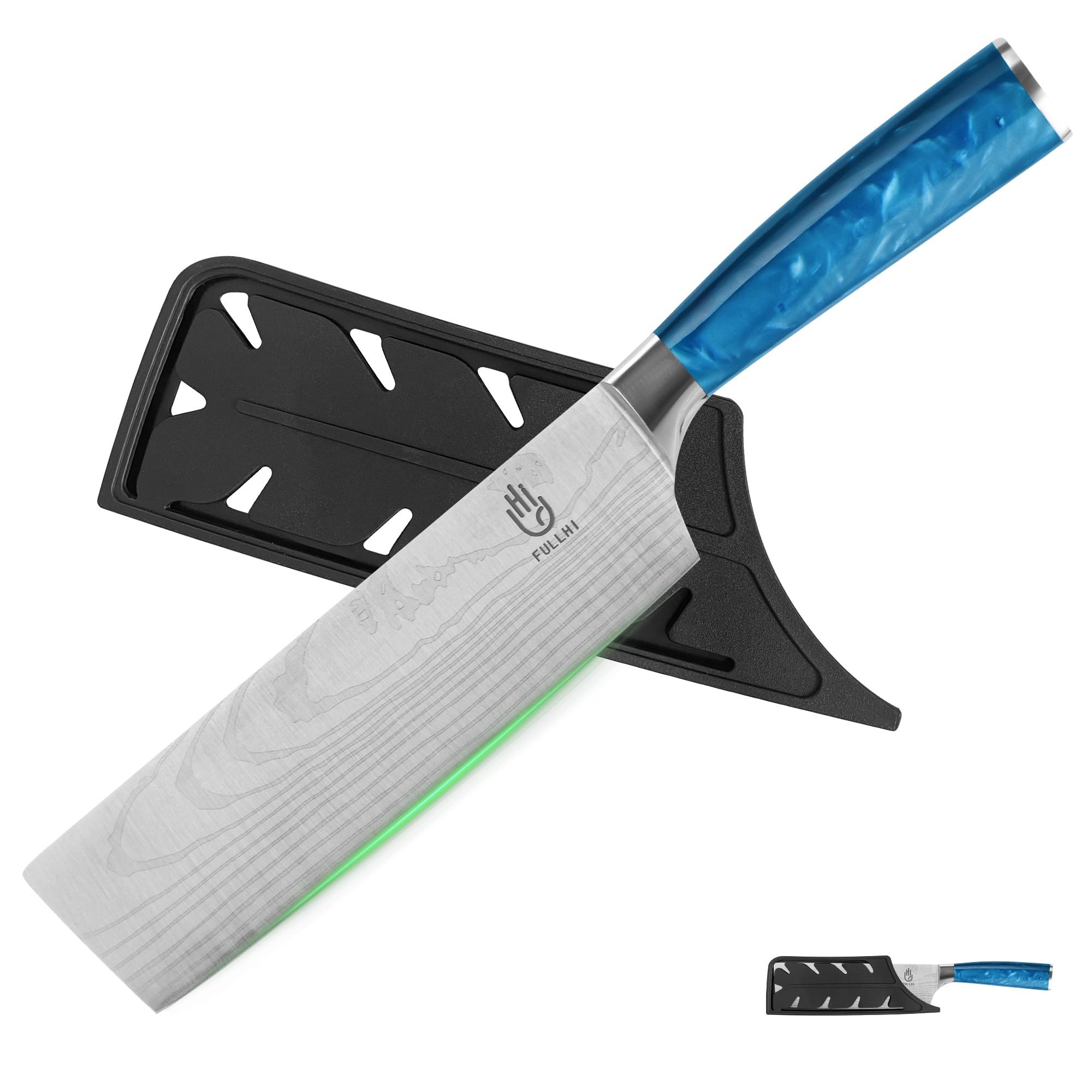 FULLHI Cuchillo Nakiri, Multi Color 7inch Cuchillo Japonés con funda, Acero Inoxidable Cuchillo Cocina Carne Verdura con Guarda (Resina azul)