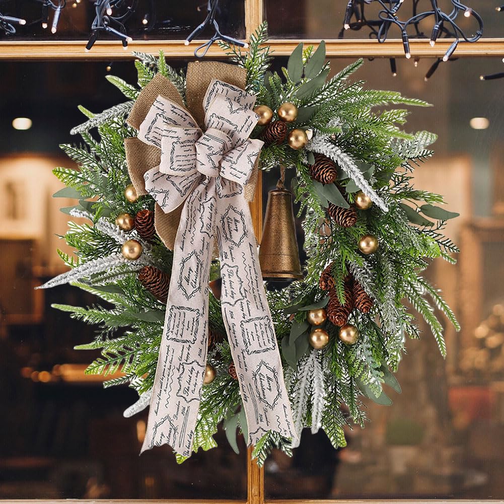 Starnearby Couronne de Noël Porte Artificielle avec Pommes de Pin et Poinsettia, Couronne de Noel Lumineuse LED, Guirlande de Noël, Couronne Noel Porte Lumineuse, Décoration de Noël (H-60 cm)