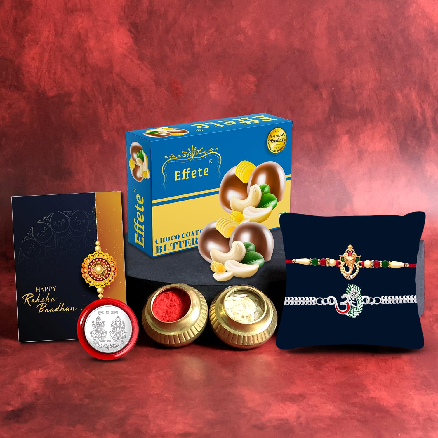 DeoDap Chocolate with Rakhi Set for Brother - Lord Ganpati & Om Design Rakhi Set of 2 with Choco Coated Butterscotch (32 GM), Silver Colour Pooja Coin & Greeting Card, Raksha Bandhan Combo for Bhai-image-35