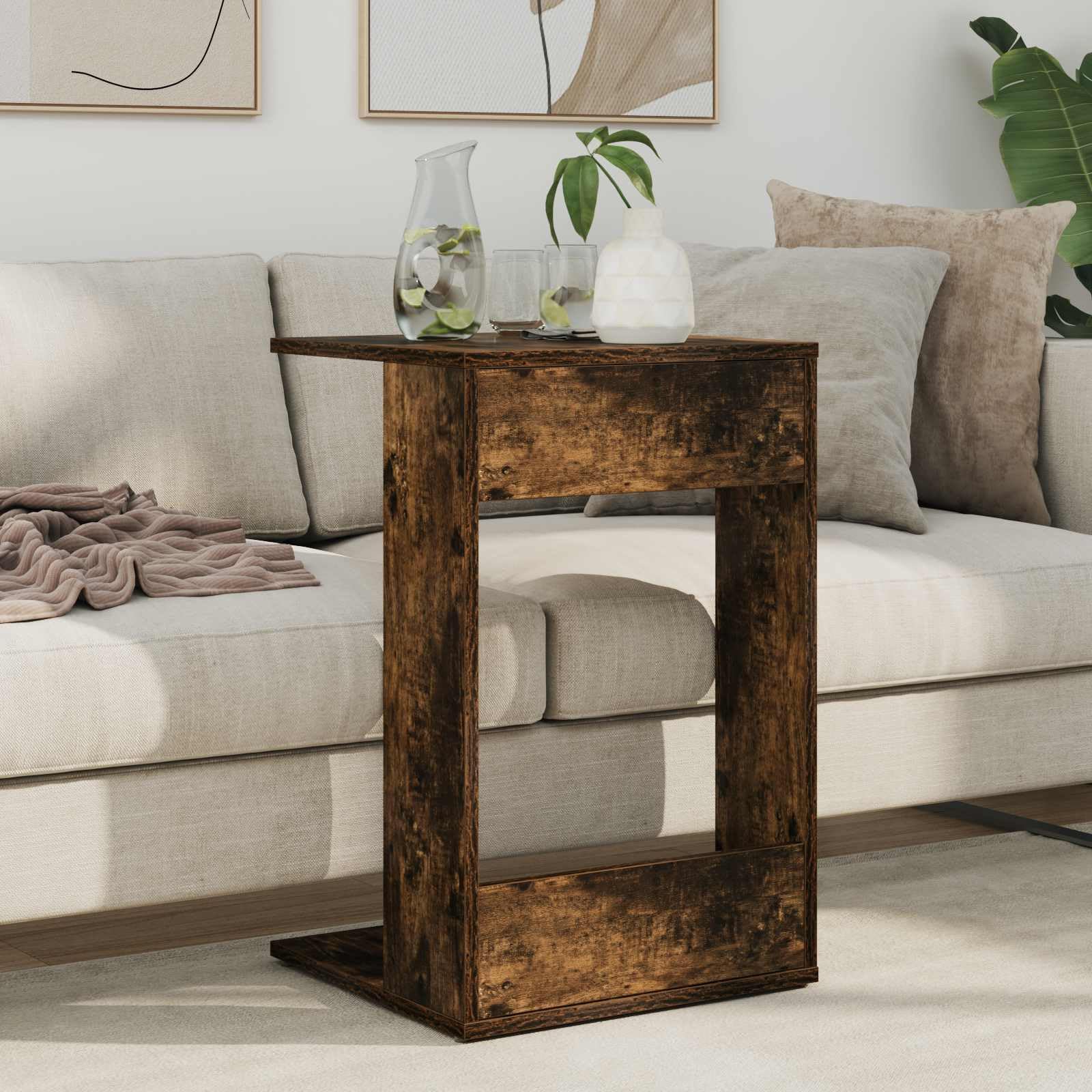 Mesa auxiliar de madera de roble ahumada, 40 x 38 x 62,5 cm, mesa de almacenamiento para salón, sofá, mesa de centro con estante rectangular y diseño estable