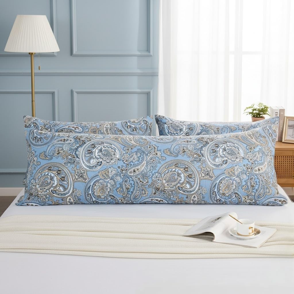Body Pillowcases 100% Cotton Pillow Case, Blue Paisley Print, Soft Breathable Envelope Closure Pillow Cover(Body, 20"x54")
