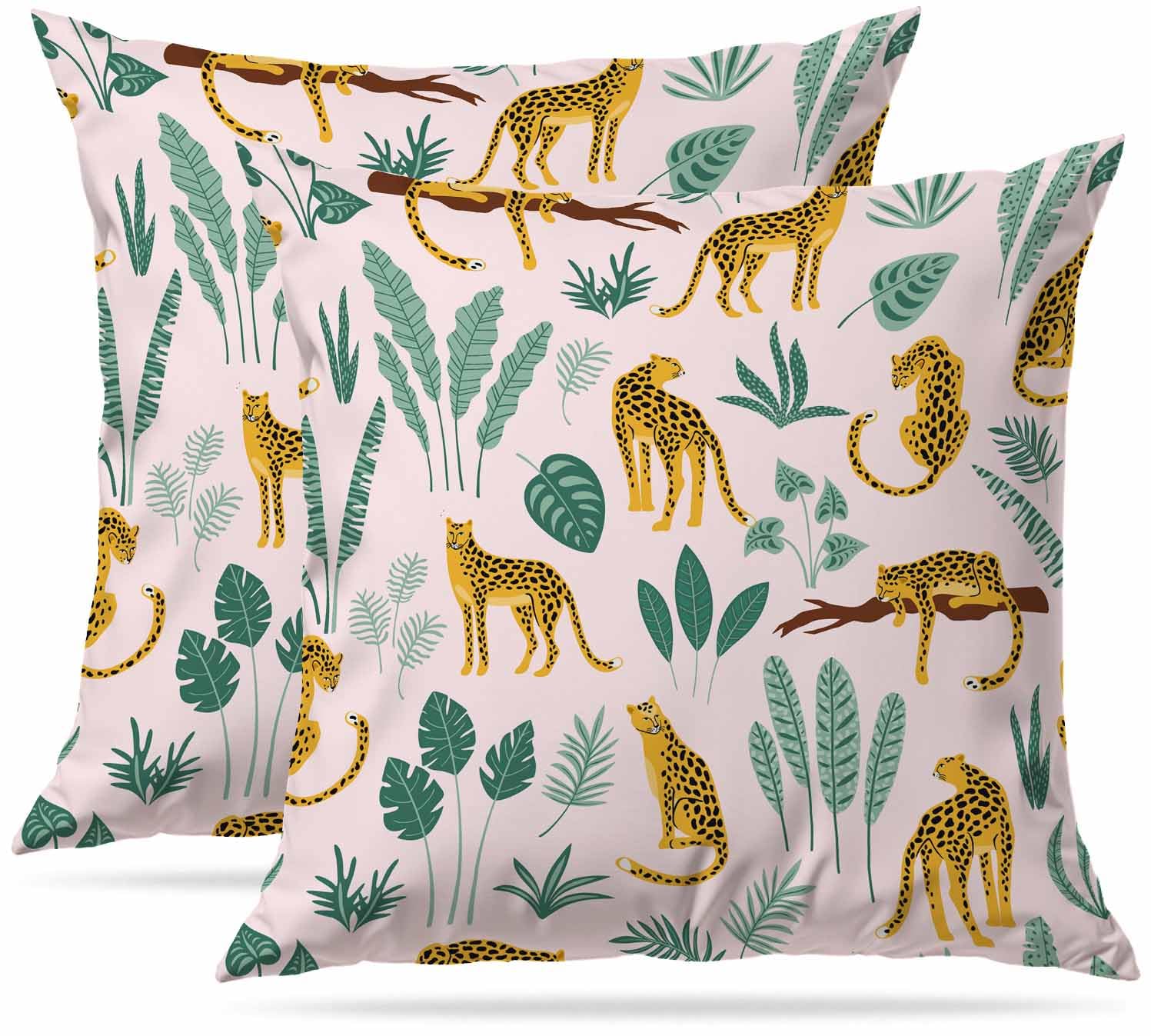 Zovinex Leopards And Tropical Leaves Pink Set Of 2 Pack Cushion Covers Soft Short Plush Throw Pillow Cover Home Pillow Case Pillowcases For Tent Park Bed Sofa Chair Bedroom Decorative Balcony 45X45cm